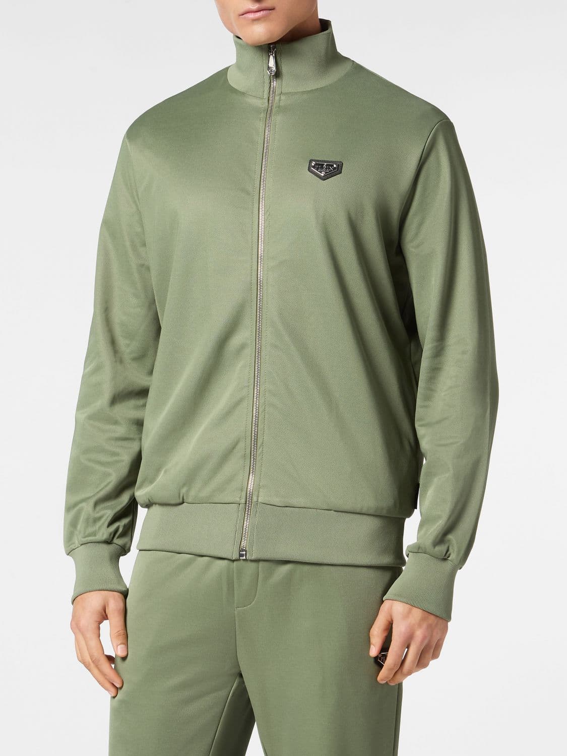 Philipp Plein Cotton-Blend High Neck Zip Sweatshirt with Applied Logo