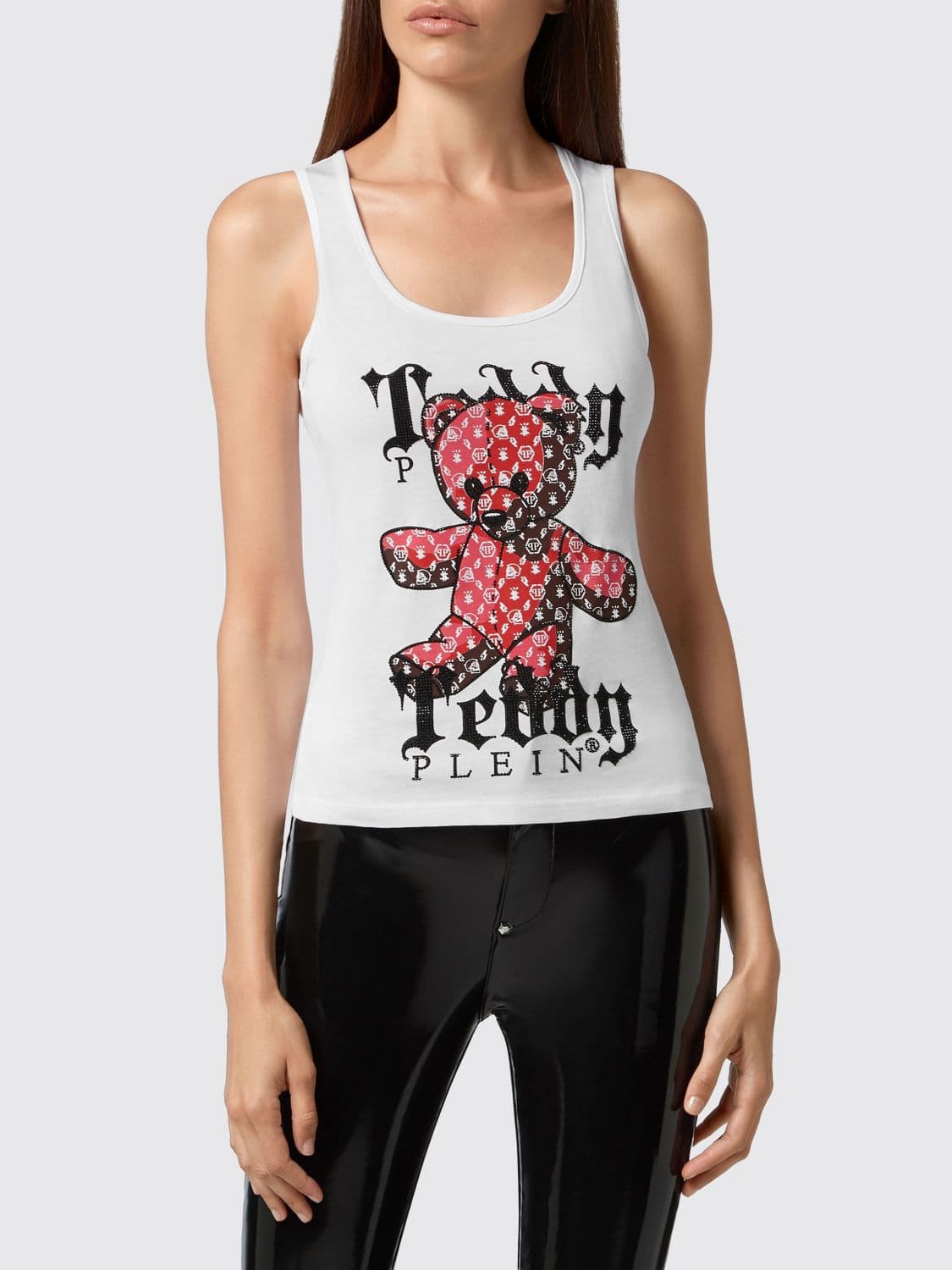 Philipp Plein Slim Fit Teddy Bear Print Jersey Tank Top with Square Neck
