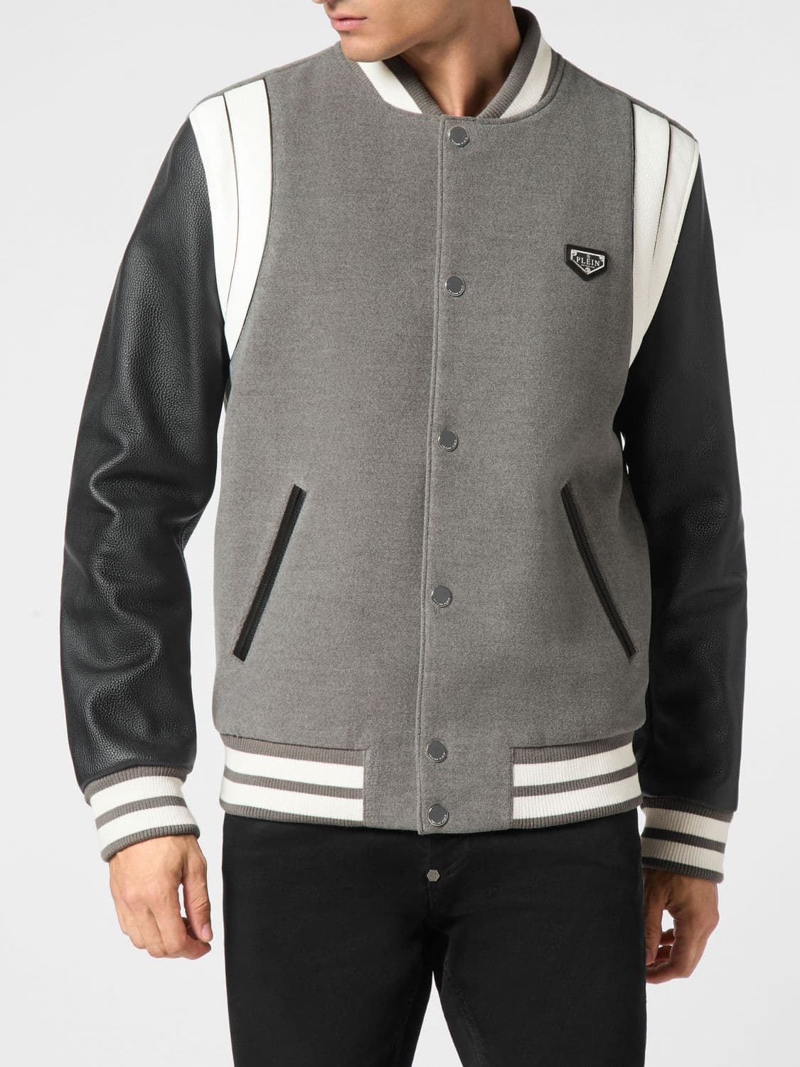 Philipp Plein Calfskin and Fabric Bomber Jacket with Contrast Trims