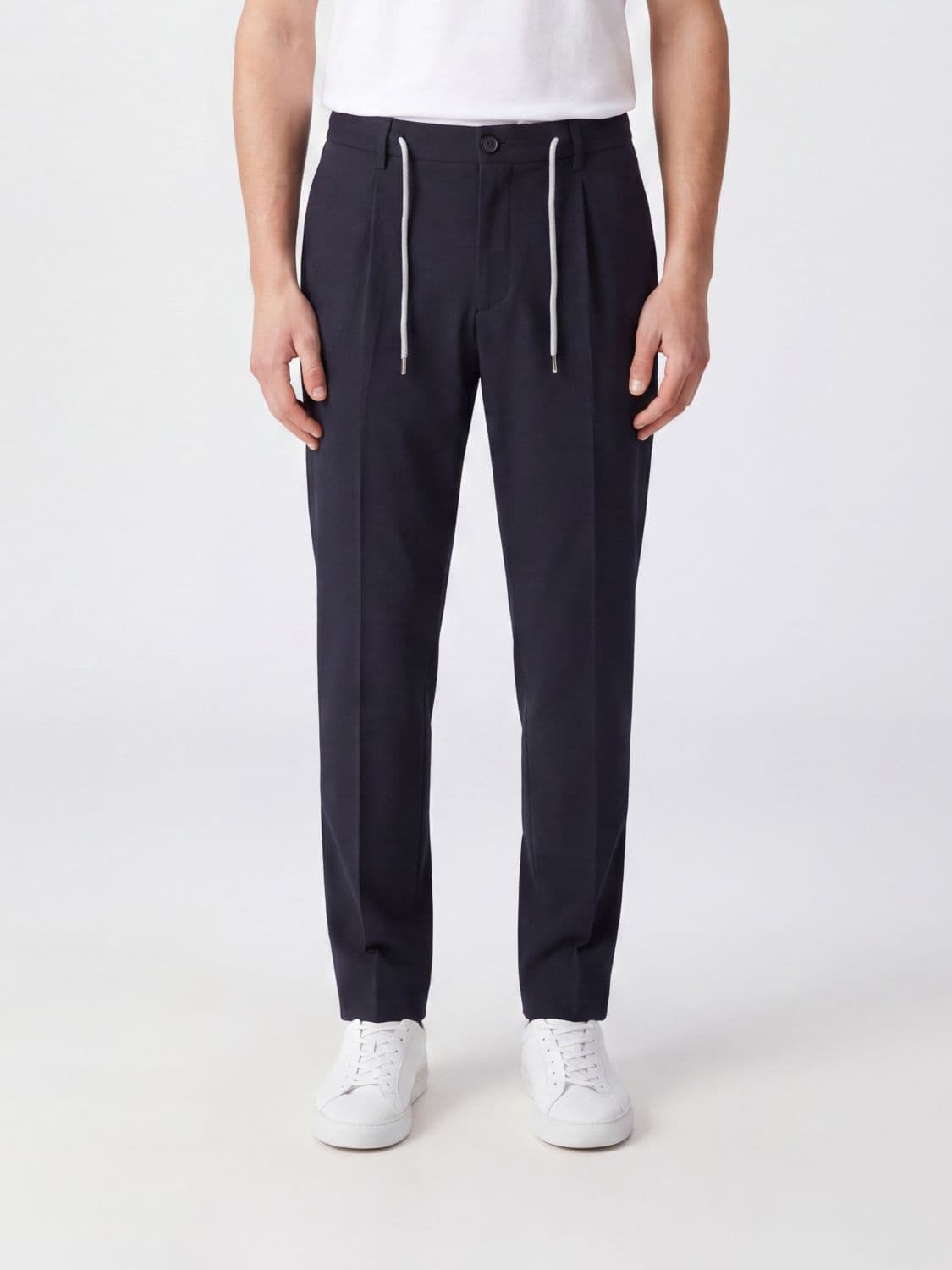 Eleventy Slim Fit Pleated Cotton Chino Trousers with Drawstring Waist