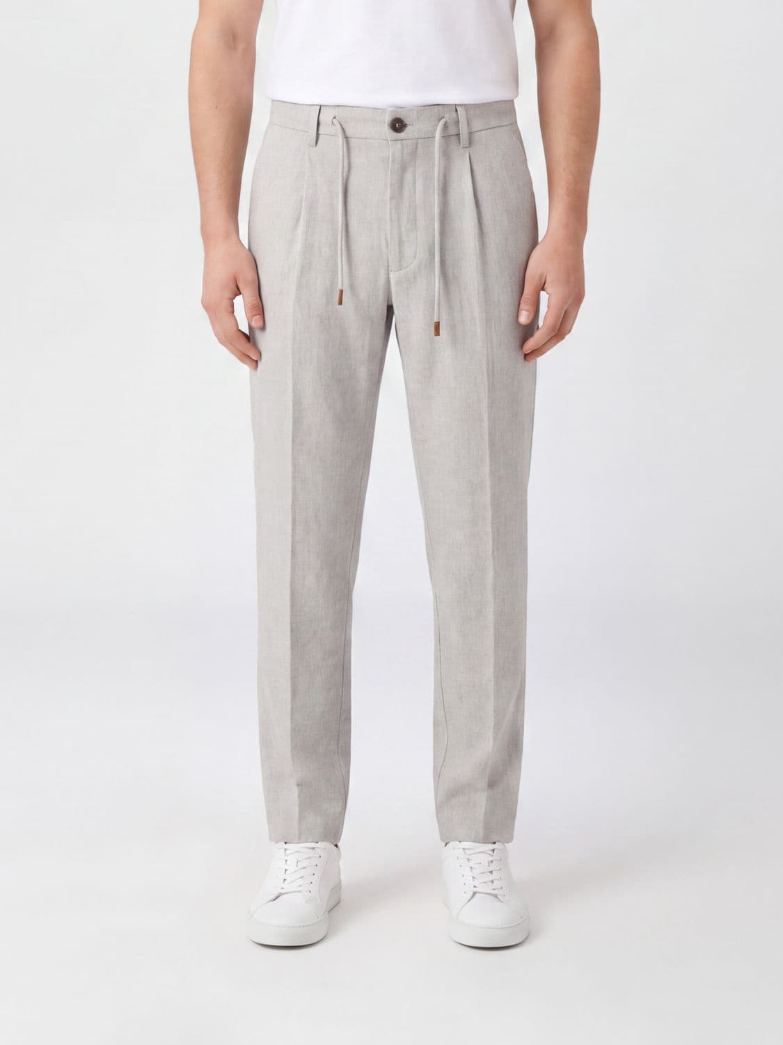 Eleventy Slim Fit Pleated Cotton Chino Trousers with Drawstring Waist