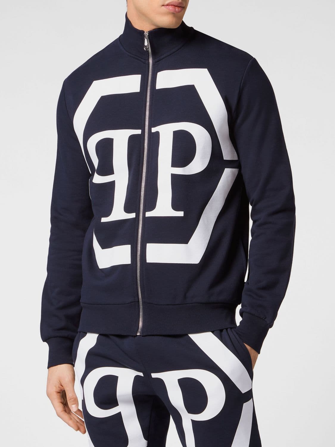 Philipp Plein Cotton Zip-Up Sweatshirt with High Neck and Monogram Hexagon Logo