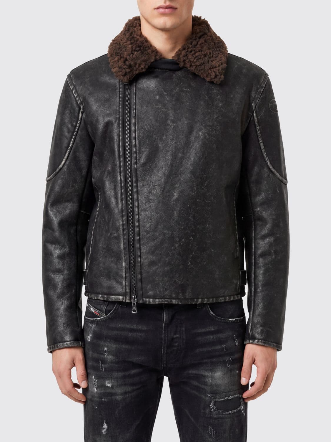 Diesel W-Alex Faux Leather Biker Jacket with Removable Fur Collar