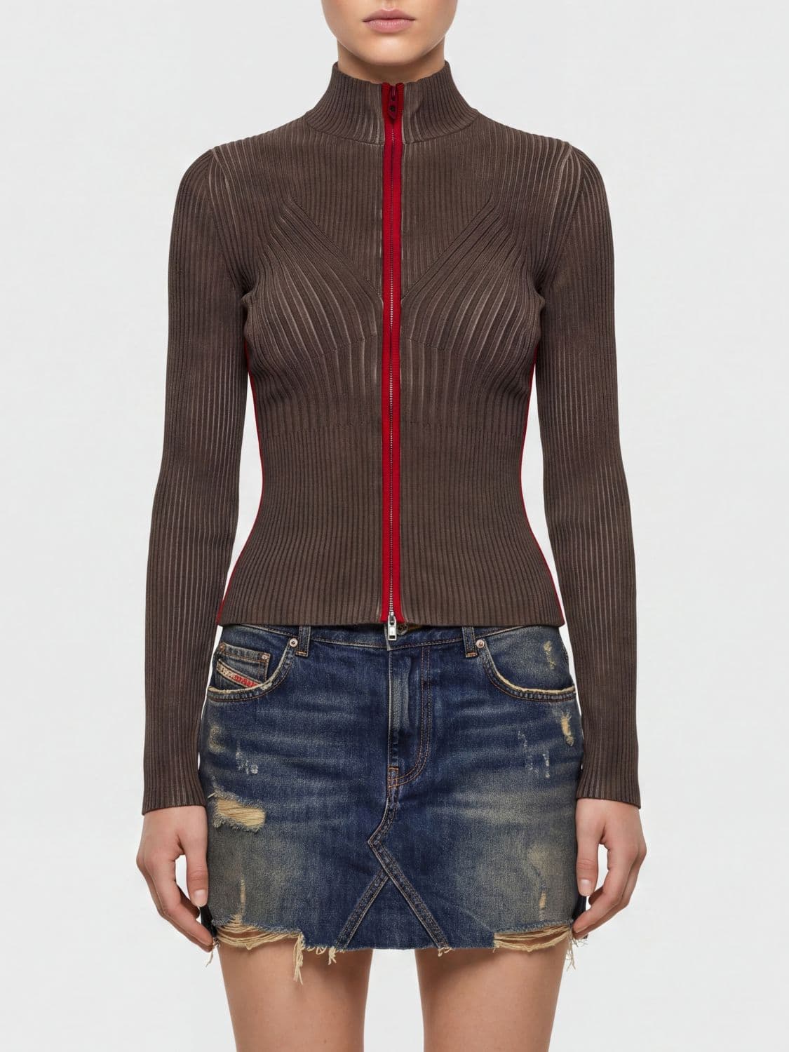 Diesel Slim Fit Ribbed Viscose Turtleneck Cardigan with Zip Closure