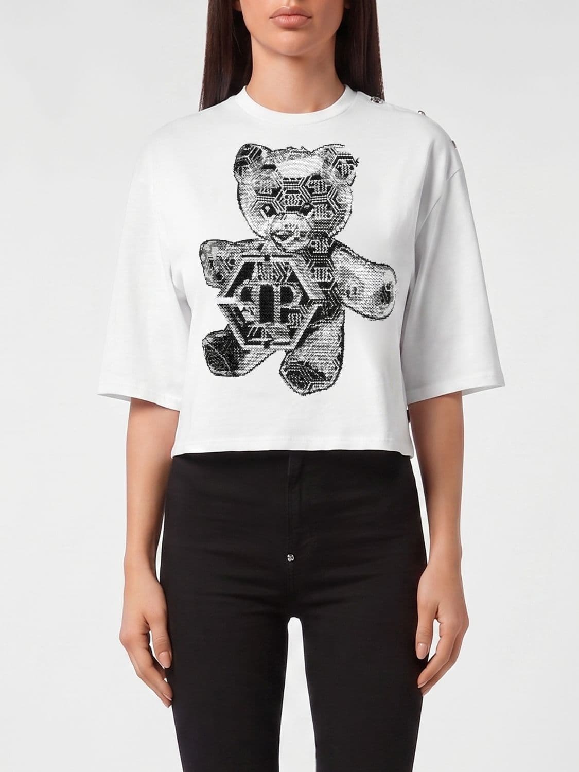Philipp Plein Jersey T-Shirt with Teddy Bear Print and Rhinestone Hexagon Logo