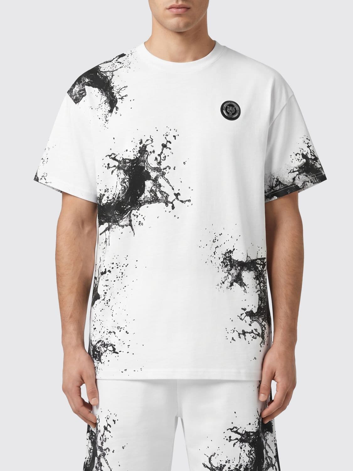 Plein Sport Abstract-Print Cotton T-Shirt with Applied Logo