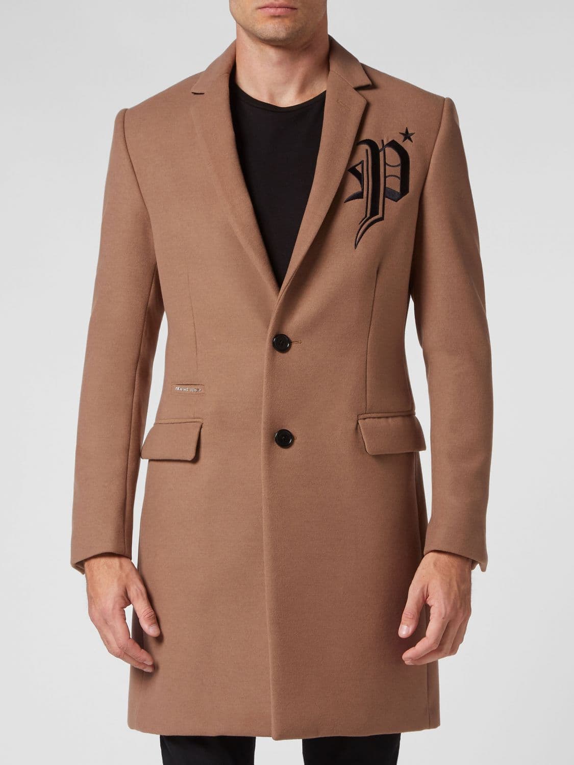 Philipp Plein Knee-Length Single-Breasted Viscose Coat with Embroidered Logo
