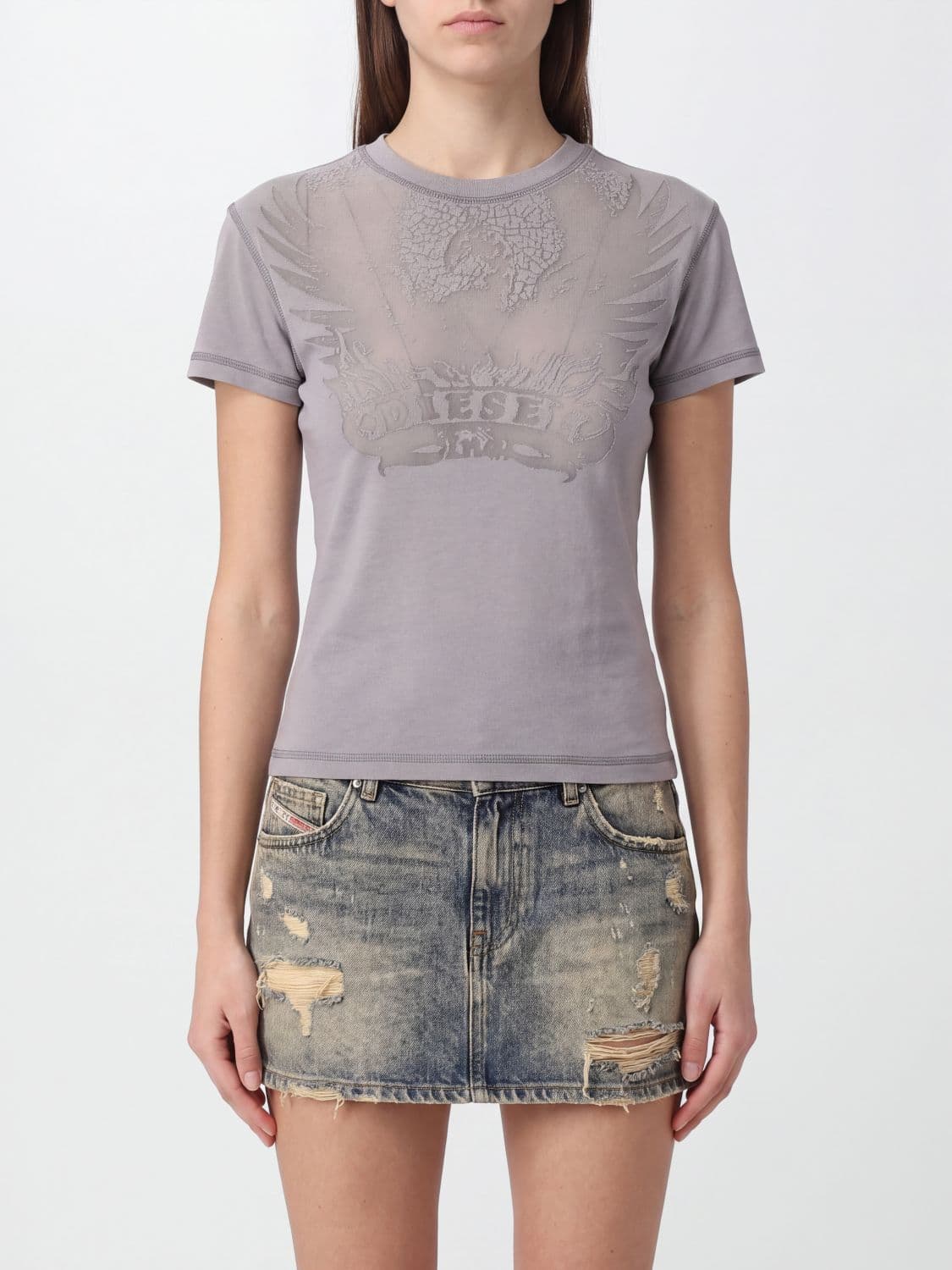 Diesel Slim Fit Cotton T-Shirt with Embroidered Logo and Dévoré Details