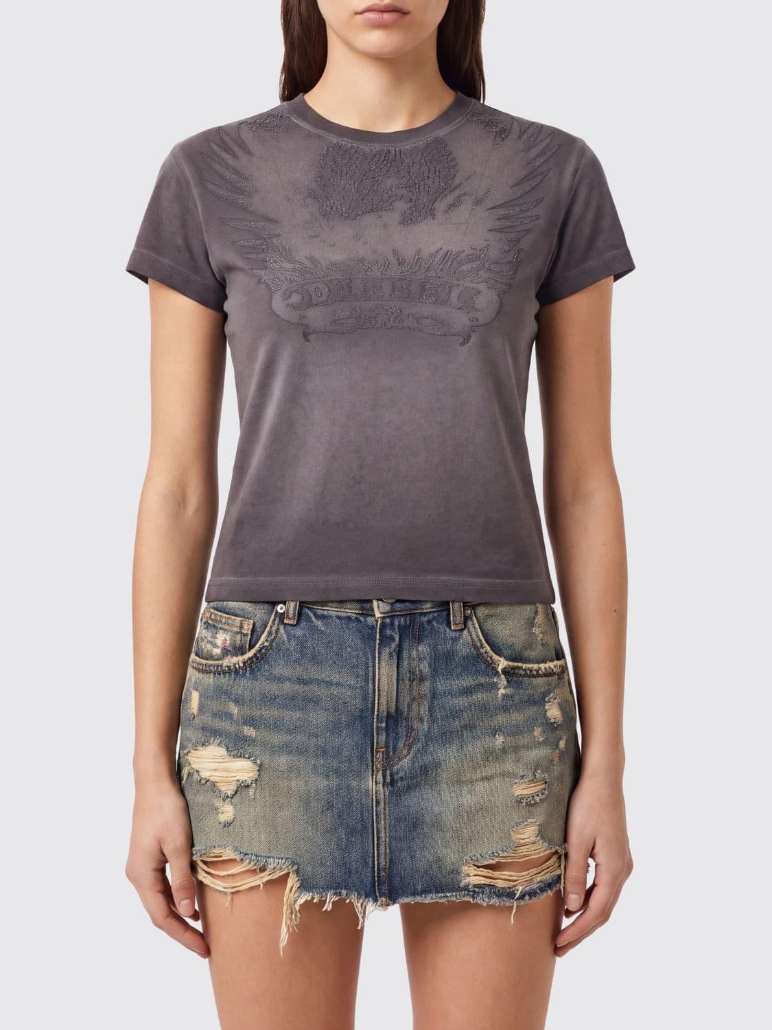 Diesel Slim Fit Cotton T-Shirt with Embroidered Logo and Dévoré Details