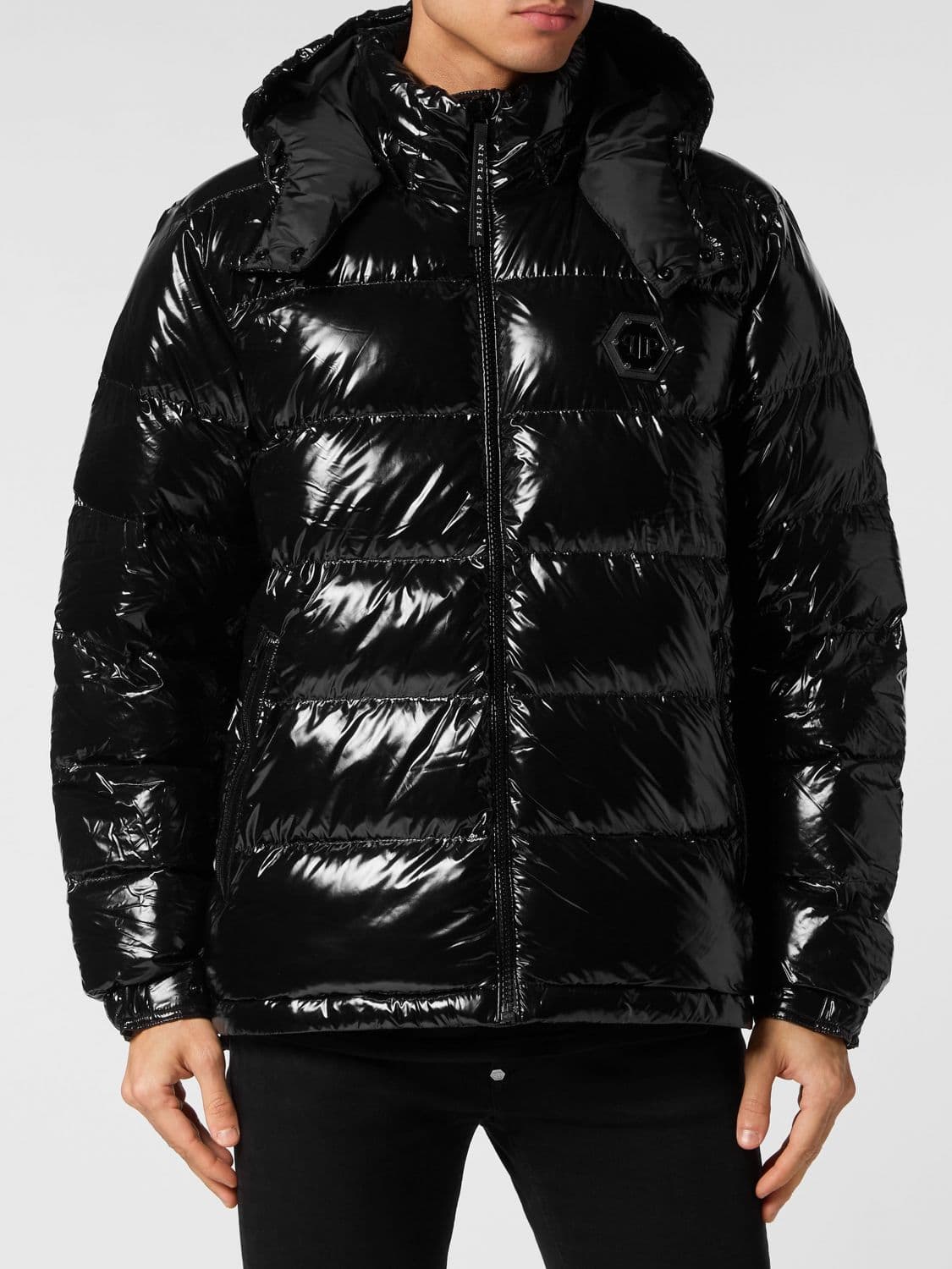Philipp Plein Quilted Nylon Puffer Jacket with Removable Hood and Logo