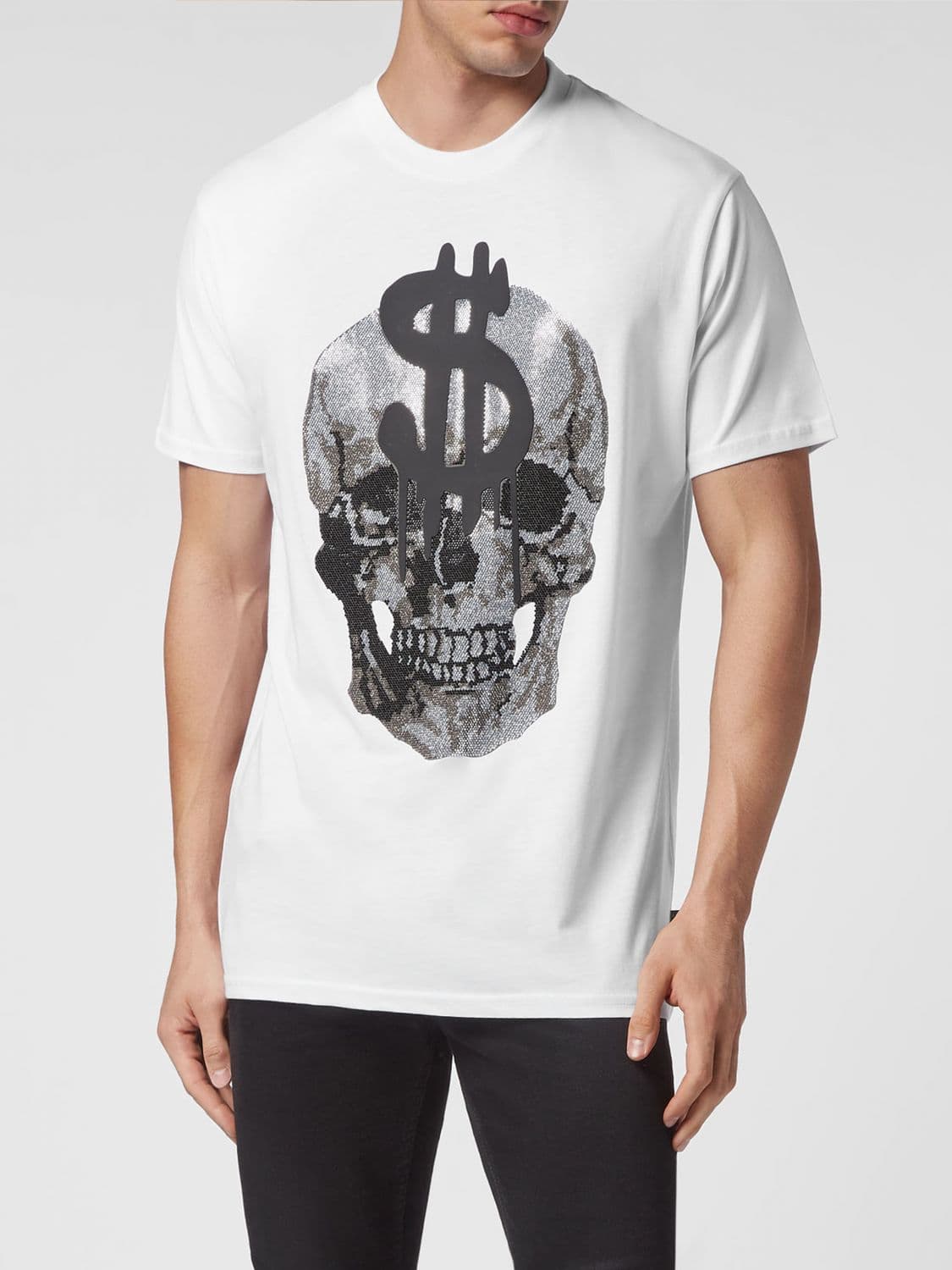 Philipp Plein Cotton T-Shirt with Skull Print and Rhinestone Applications