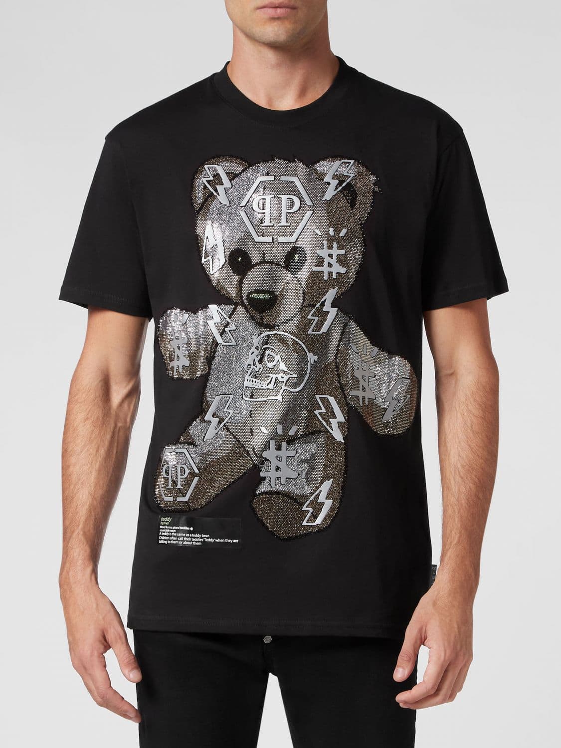 Philipp Plein Cotton T-Shirt with Teddy Bear Print, Monogram and Rhinestones