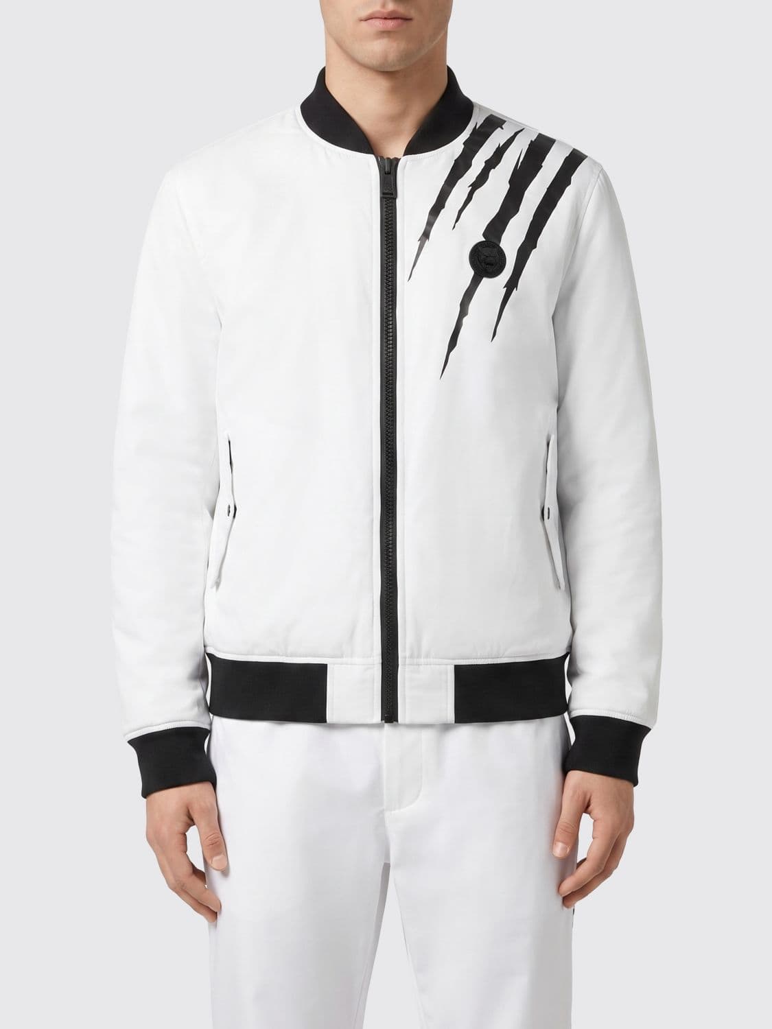 Plein Sport Scratch Nylon Bomber Jacket with Contrast Logo and Pockets