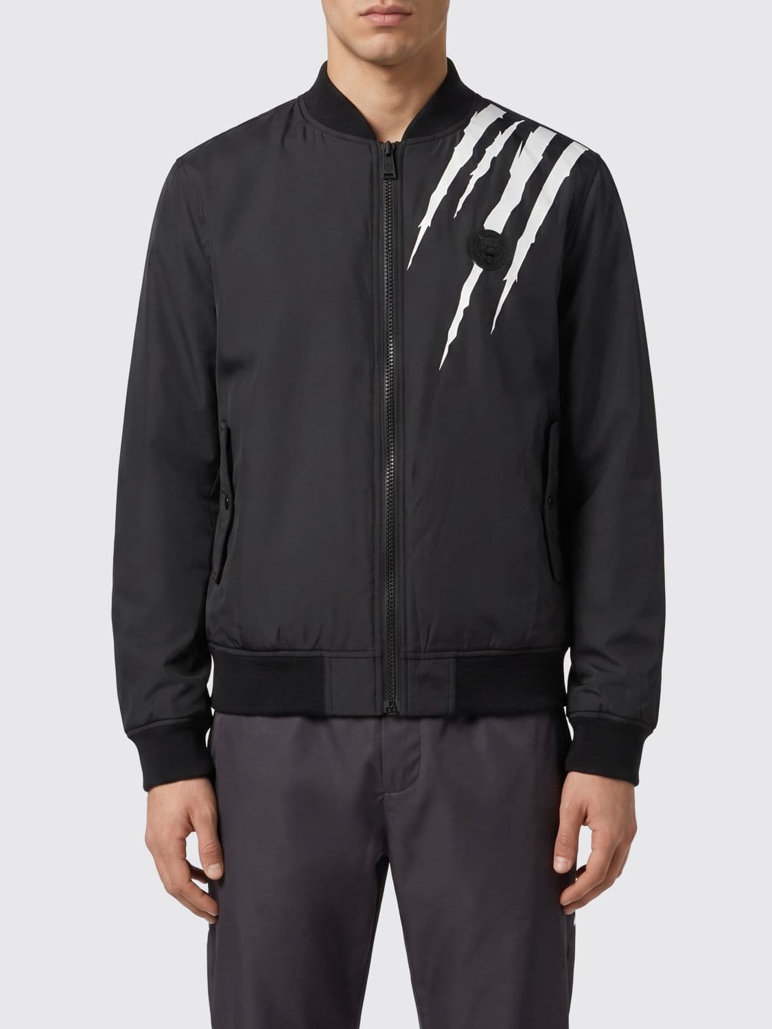 Plein Sport Scratch Nylon Bomber Jacket with Contrast Logo and Pockets
