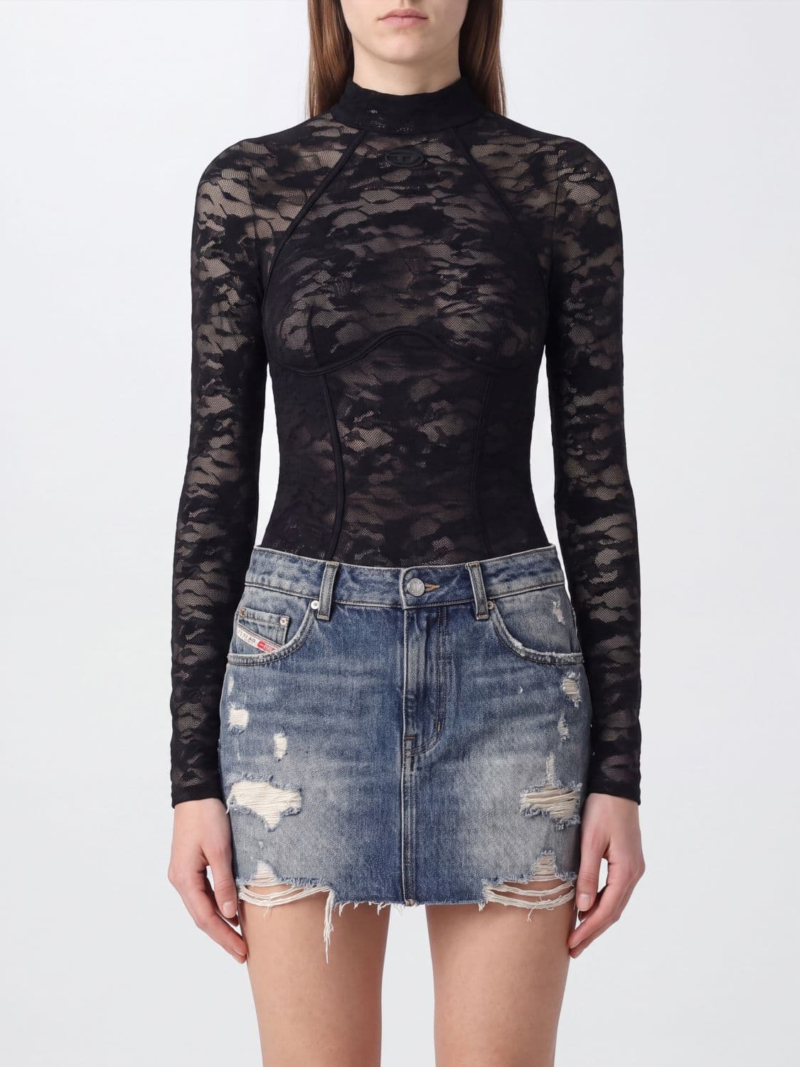 Diesel Long-Sleeved Sheer Lace Mock Neck Top