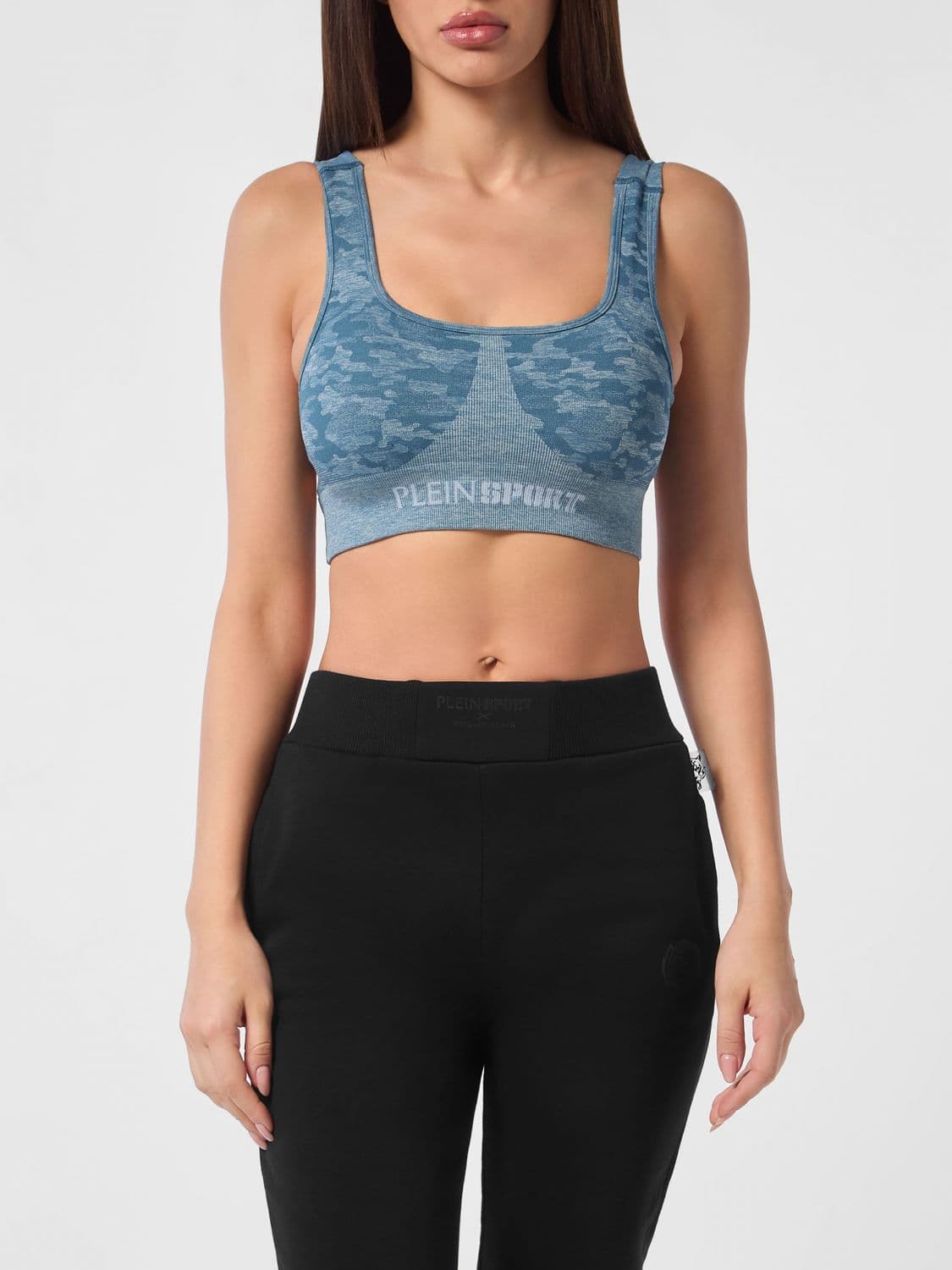 Plein Sport Camouflage Print Cropped Jersey Sports Top with Thin Straps
