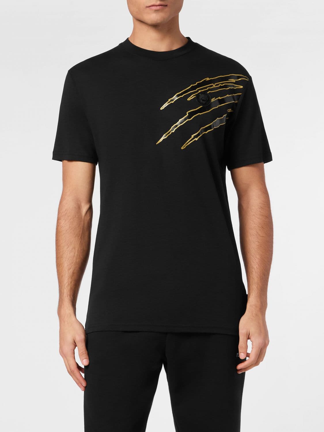 Plein Sport Slim Fit Cotton T-Shirt with Graphic Print and Dropped Shoulders