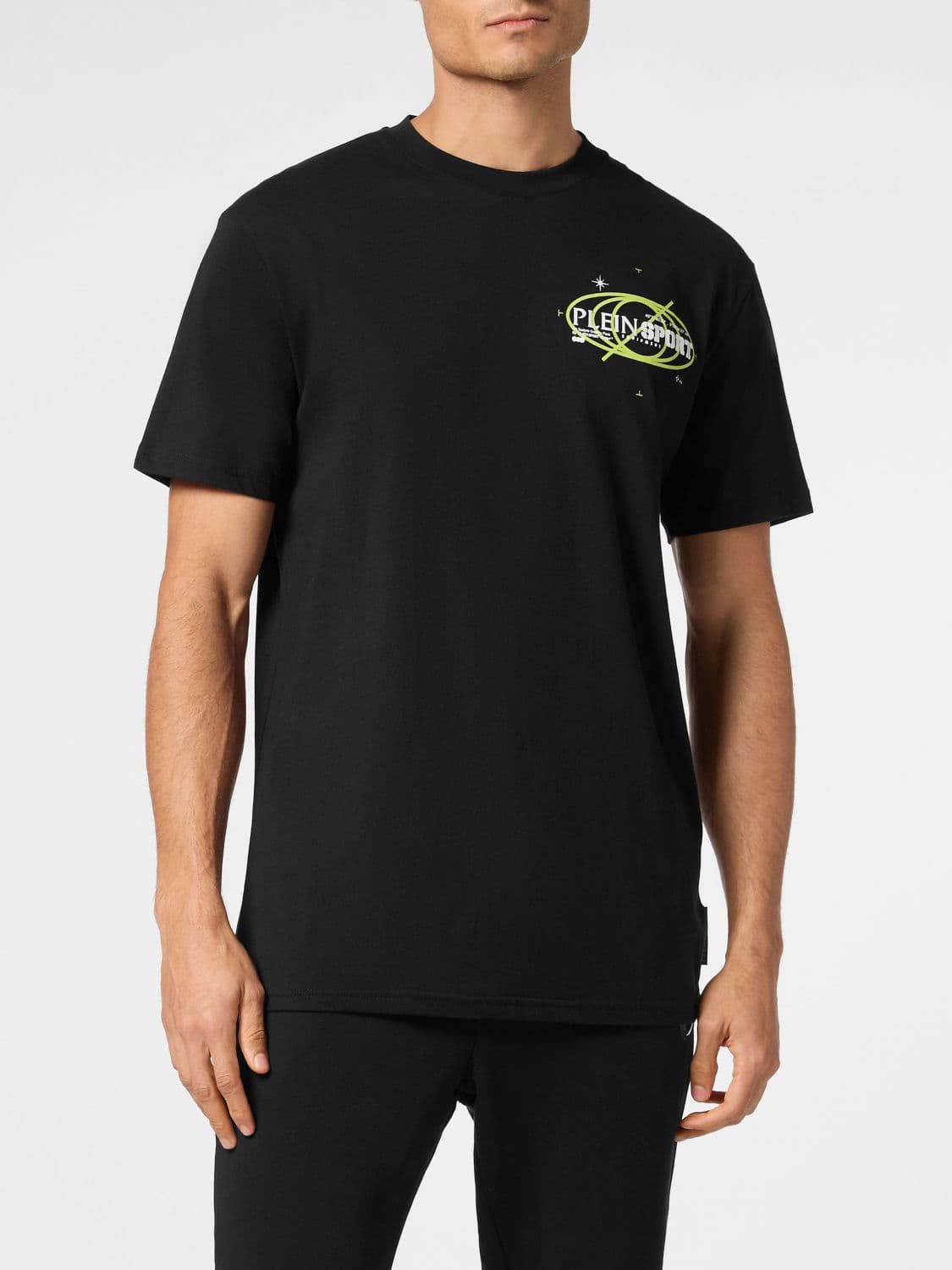 Plein Sport Slim Fit Cotton T-Shirt with Contrast Logo and Dropped Shoulders