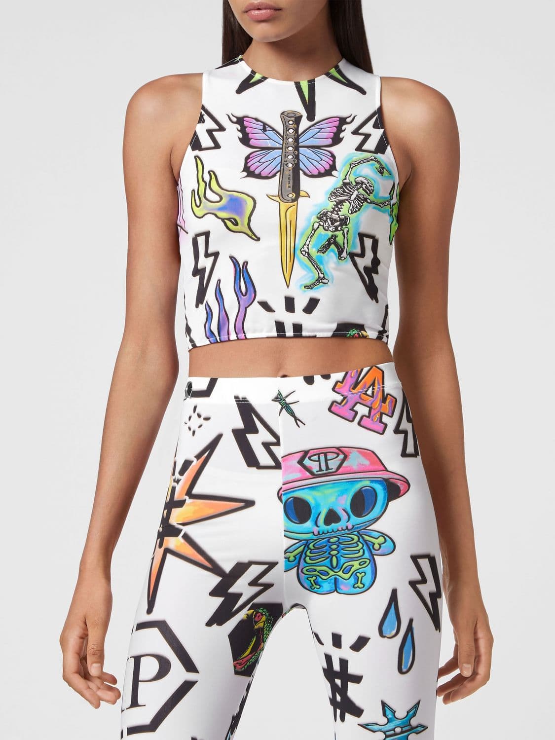 Philipp Plein Cropped Top in Technical Fabric with Graphic Print