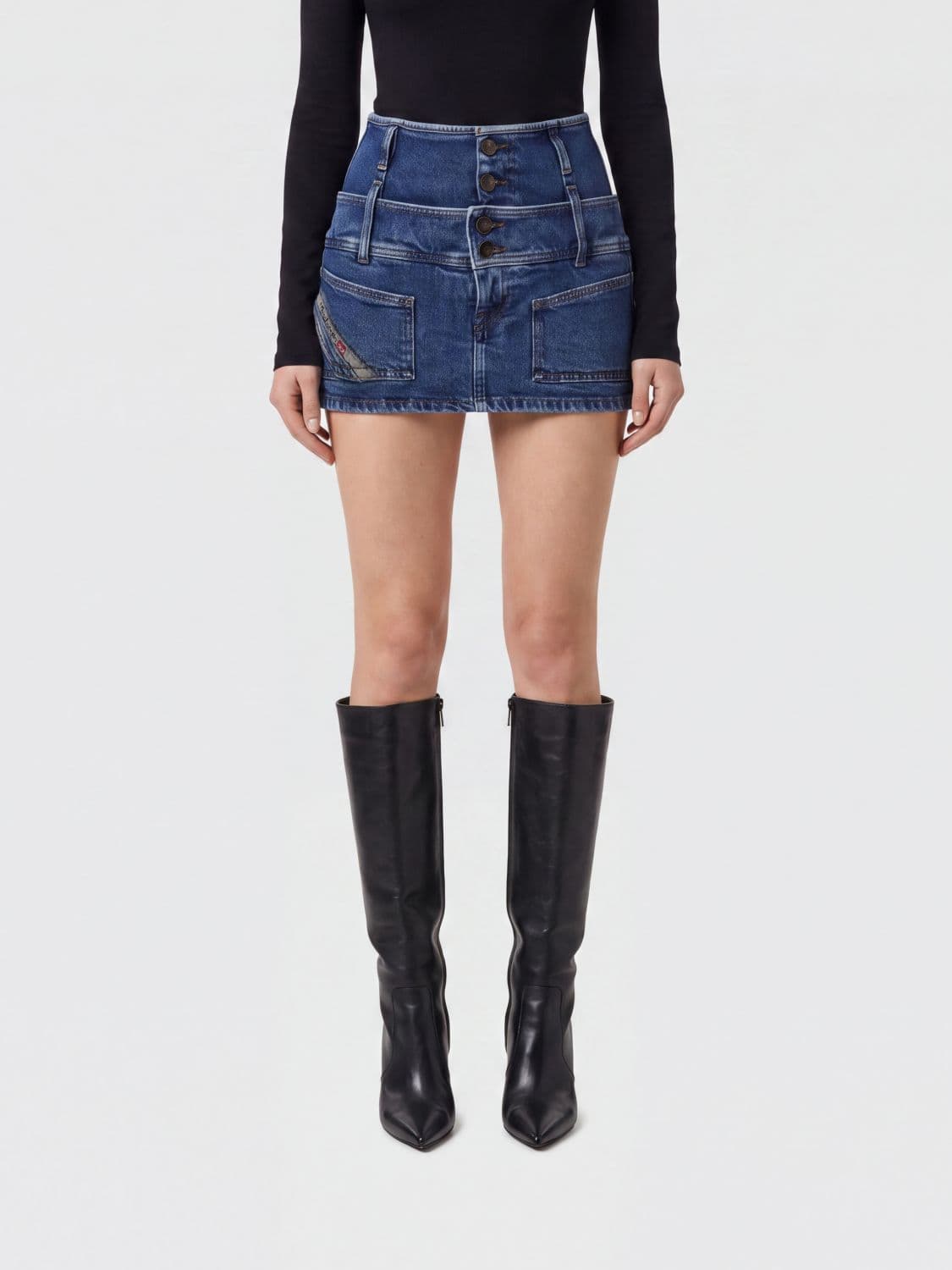 Diesel De-Coriva-S High-Waisted Cotton Denim Mini Skirt with Patch Pockets