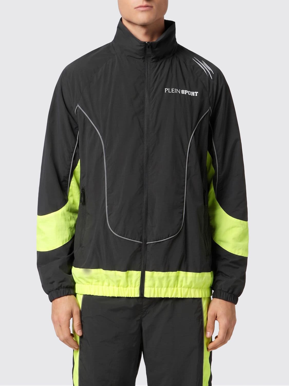 Plein Sport Bicolor Nylon Bomber Windbreaker Jacket with Abstract Print
