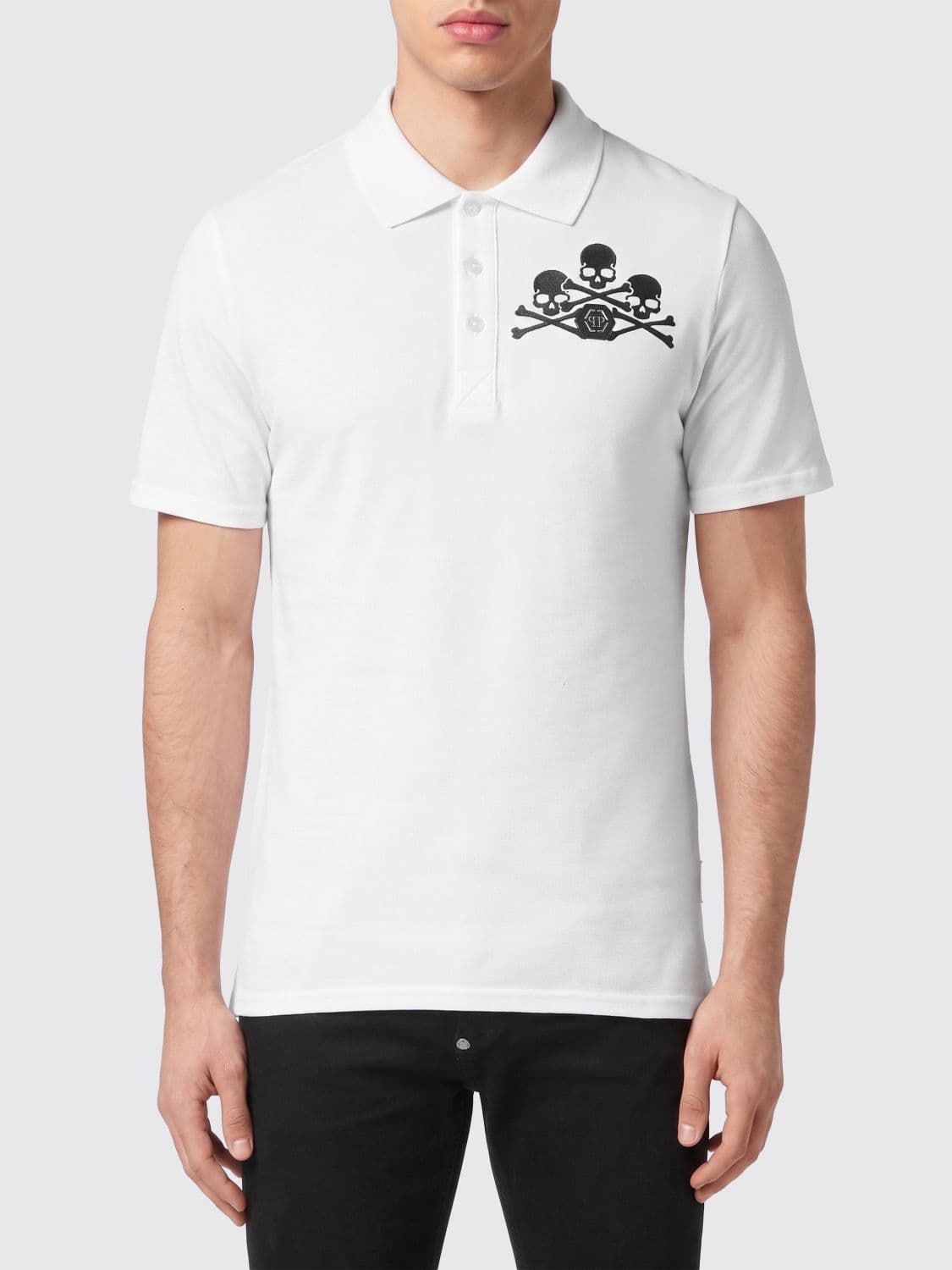 Philipp Plein Slim Fit Cotton Polo Shirt with Skull Print and Hexagon Logo