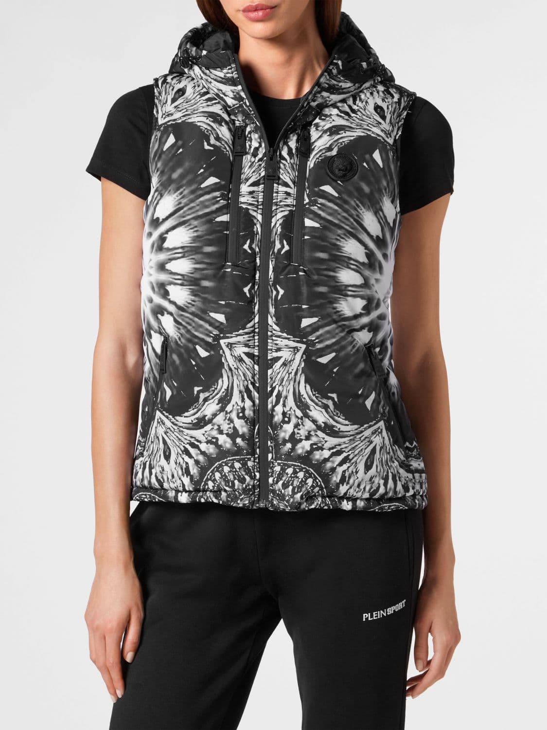 Plein Sport Padded Nylon Gilet with Hood and Graphic Print