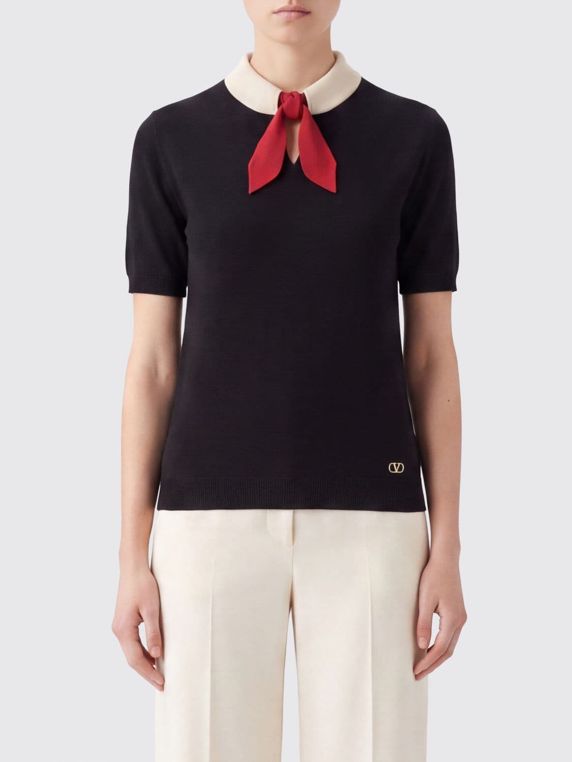 Valentino Garavani Slim Fit Wool Blend Jumper with Short Sleeves and Pussy-Bow Neck