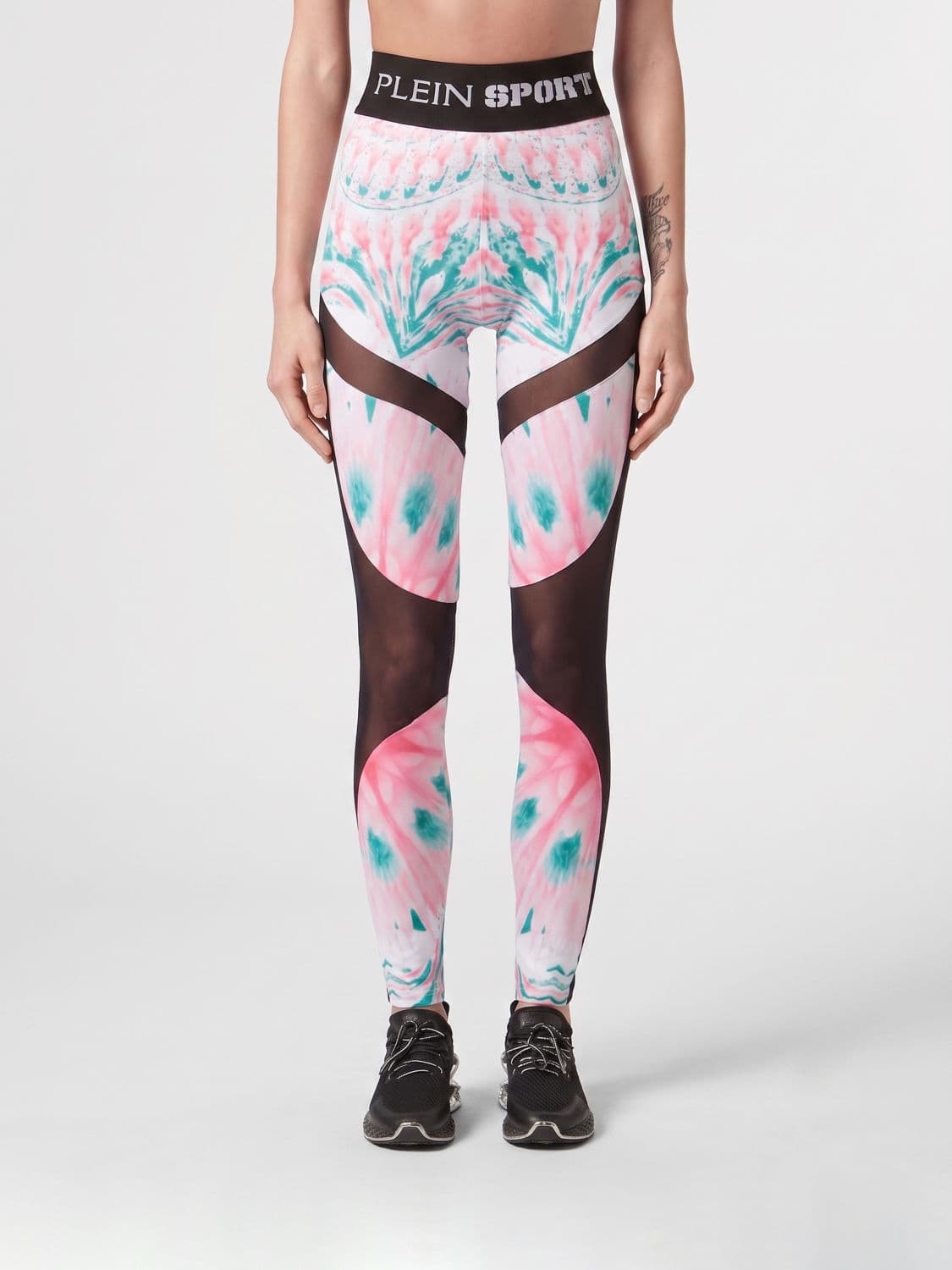 Plein Sport Stretch-Tech Fabric Sports Leggings with Graphic Print and Rhinestones