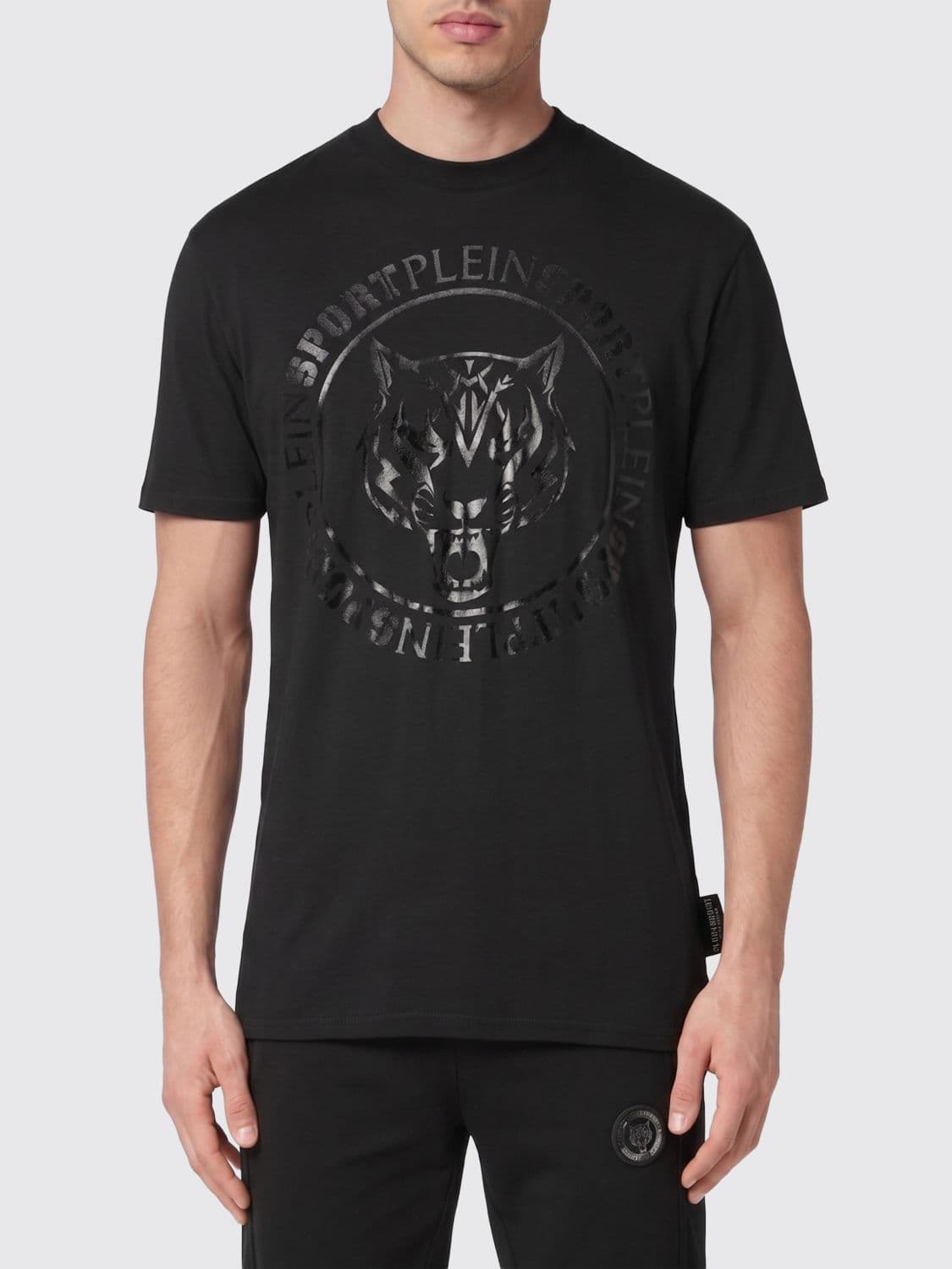 Plein Sport Slim Fit Cotton T-shirt with Graphic Print and Tone-on-Tone Logo