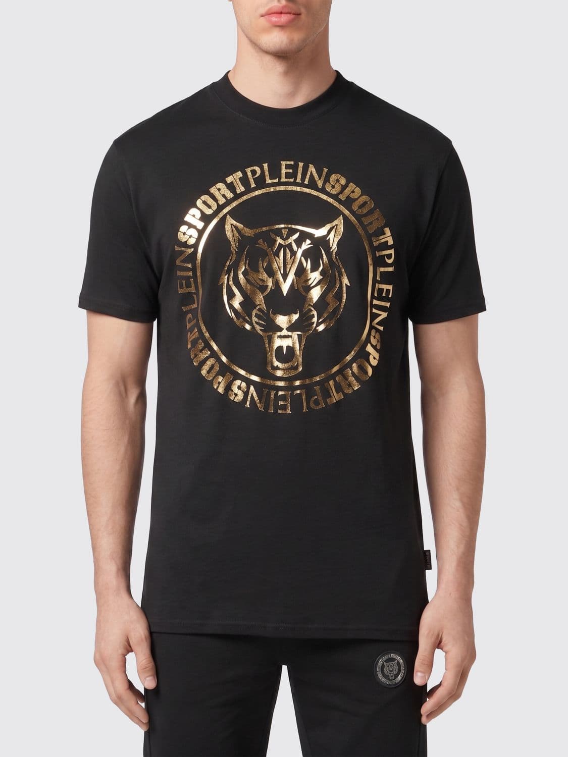 Plein Sport Slim Fit Cotton T-shirt with Graphic Print and Tone-on-Tone Logo