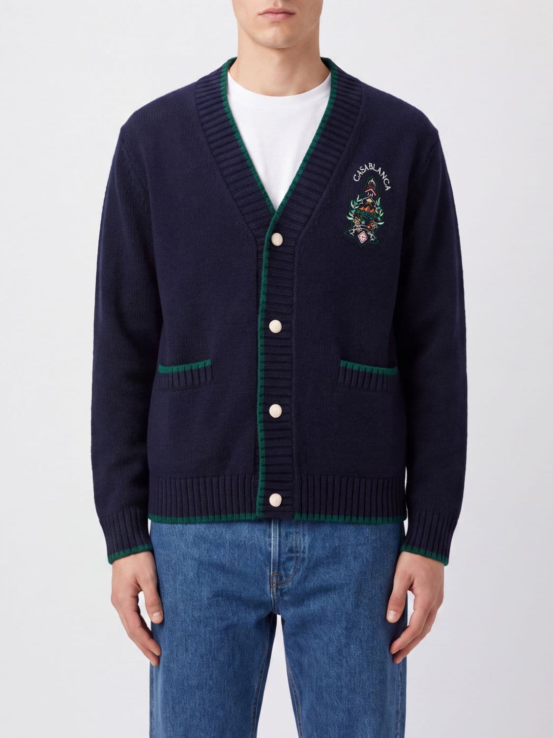 Casablanca Wool and Cashmere Cardigan with Crest and Contrast Trim