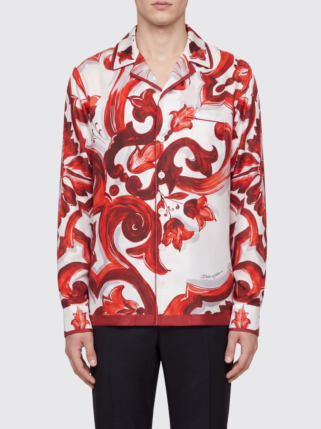 Dolce & Gabbana Silk Shirt with Majolica Print and Cuban Collar