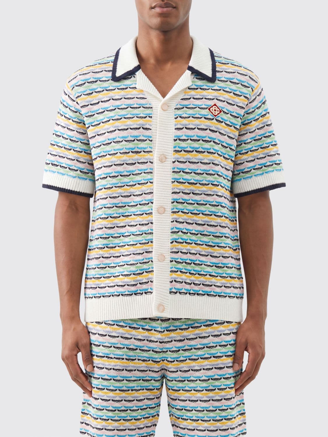 Casablanca Short-Sleeve Cotton Crochet Shirt with Multicolor Stripes