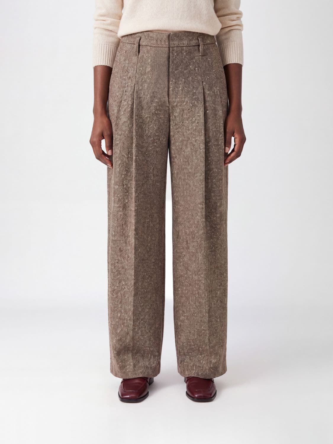 Brunello Cucinelli High-Waisted Virgin Wool Palazzo Trousers with Monili
