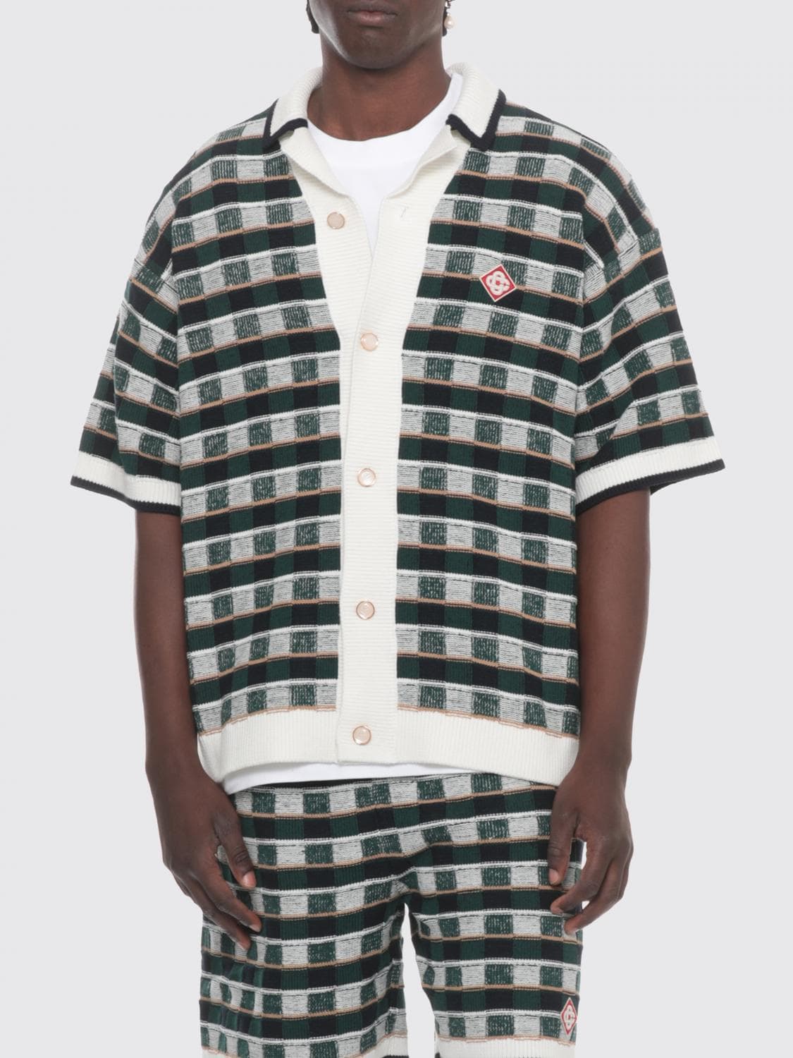 Casablanca Checkered Cotton Short-Sleeve Shirt with Cuban Collar · L