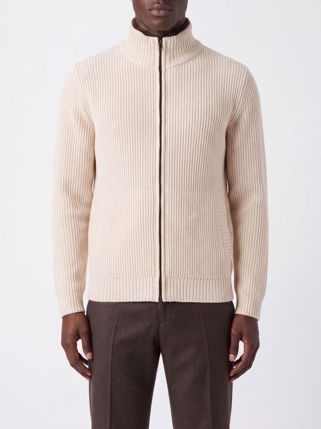 Herno High Neck Ribbed Cardigan in Pure Wool with Zip Closure