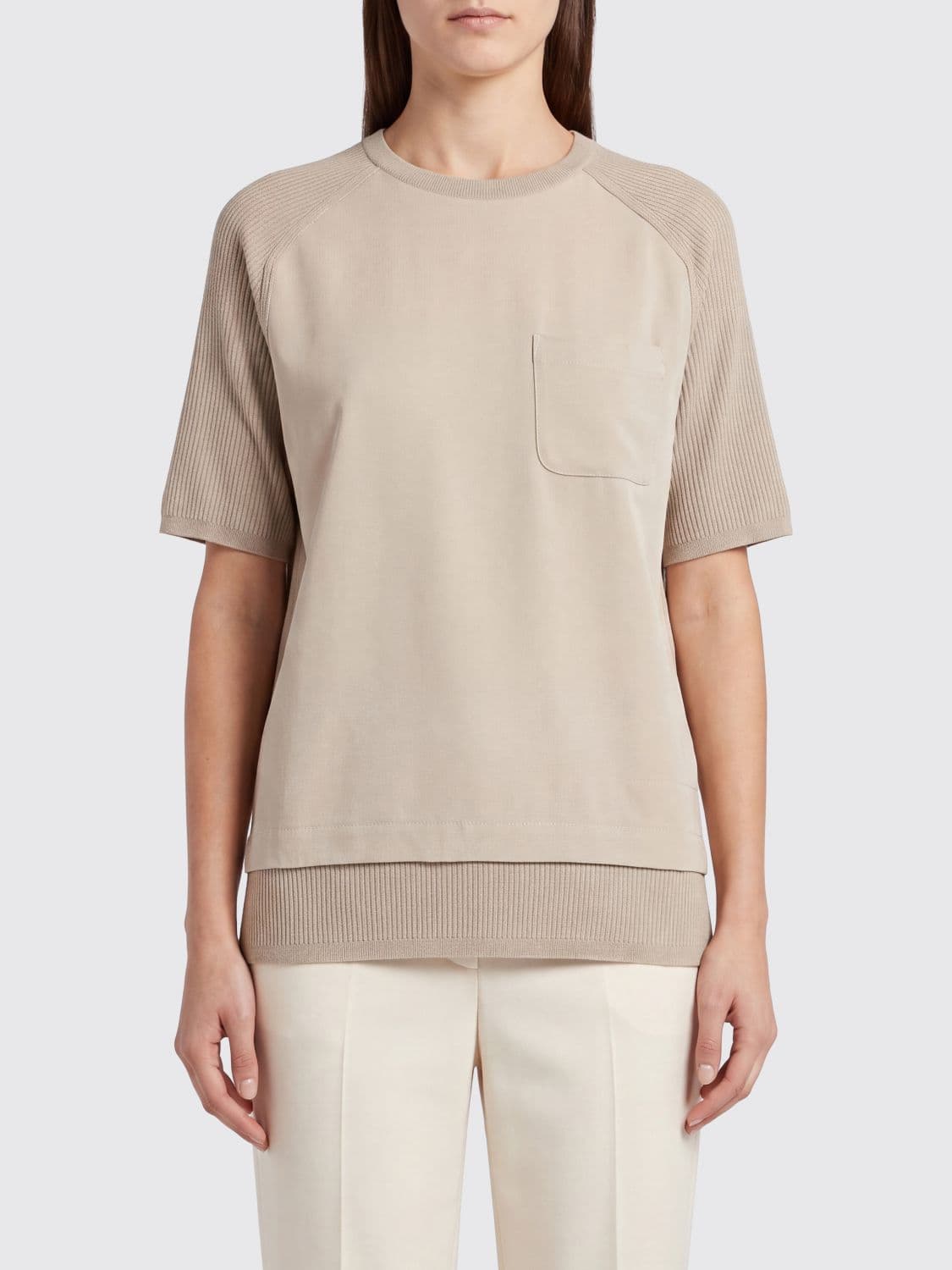 Max Mara Silk and Cashmere Crewneck T-Shirt with Patch Pocket