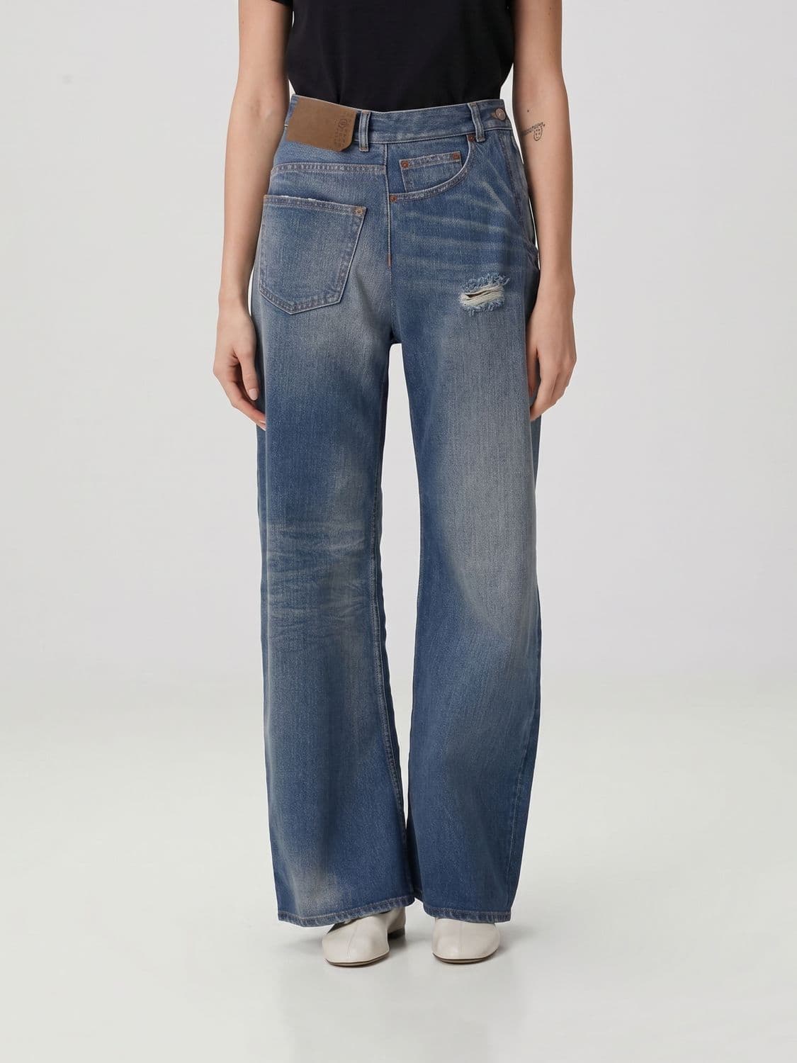 Mm6 Maison Margiela High-Waisted Wide Leg Jeans in Worn-Effect Denim
