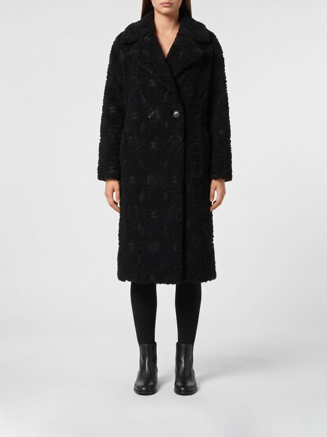 Philipp Plein Double-Breasted Faux Fur Coat with Hexagon Logo