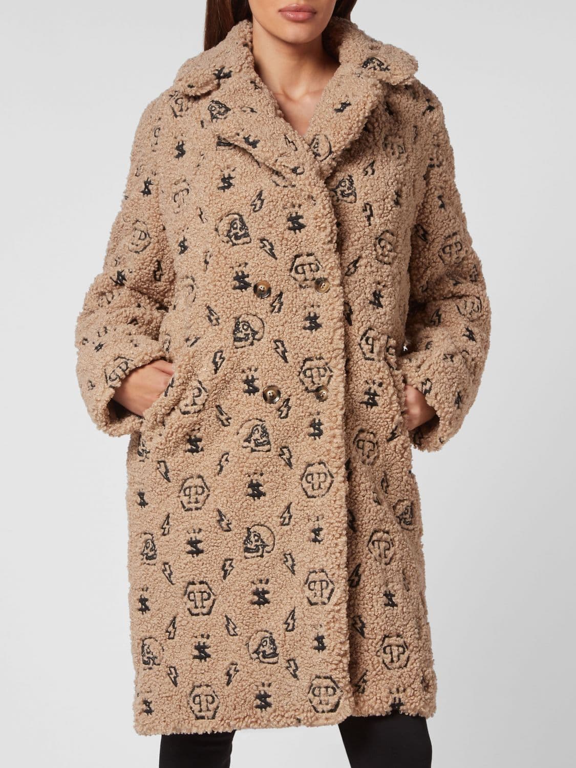 Philipp Plein Double-Breasted Faux Fur Coat with Hexagon Logo