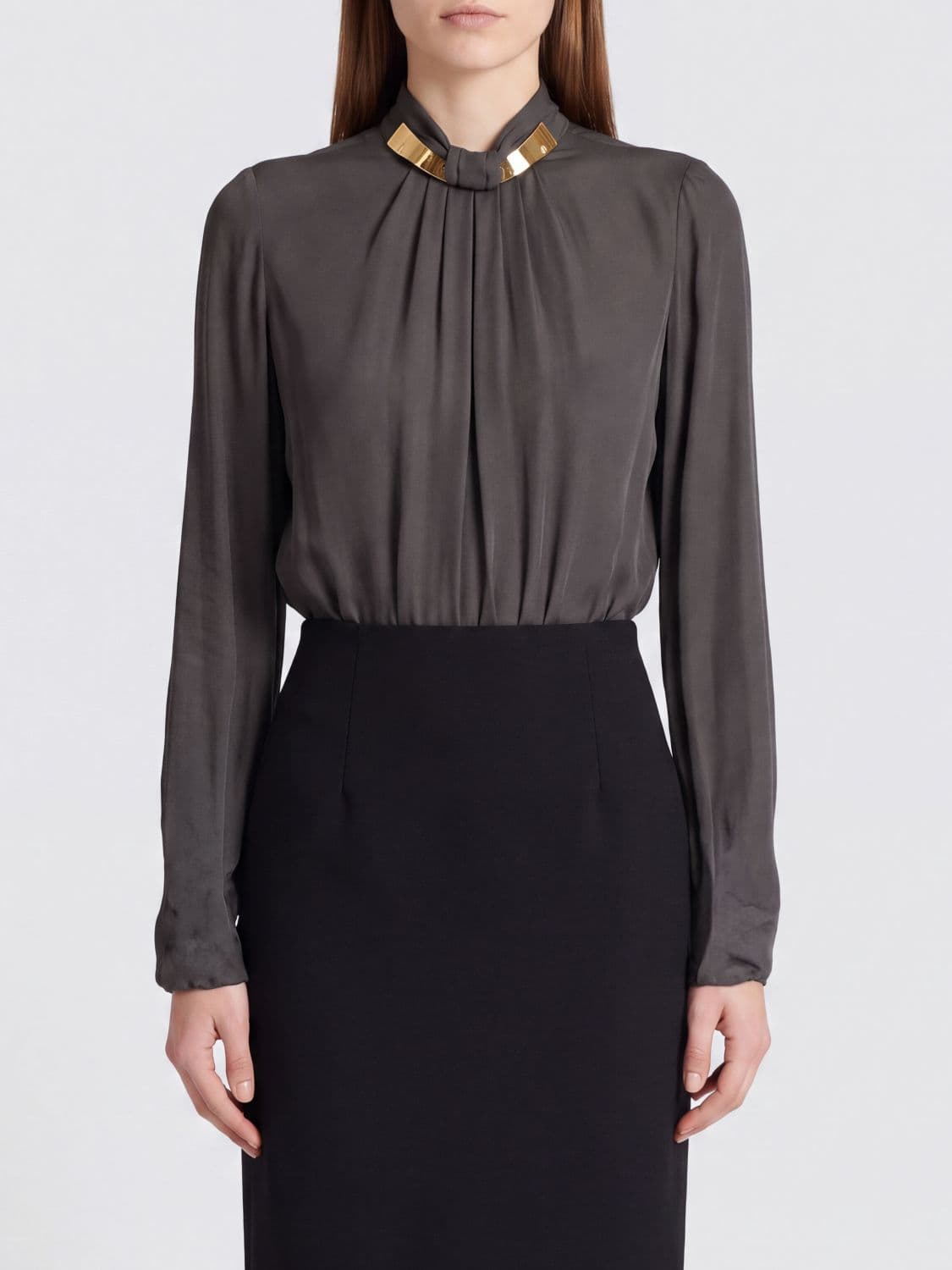 Elisabetta Franchi Long-Sleeved Georgette Blouse with Jewel Neck