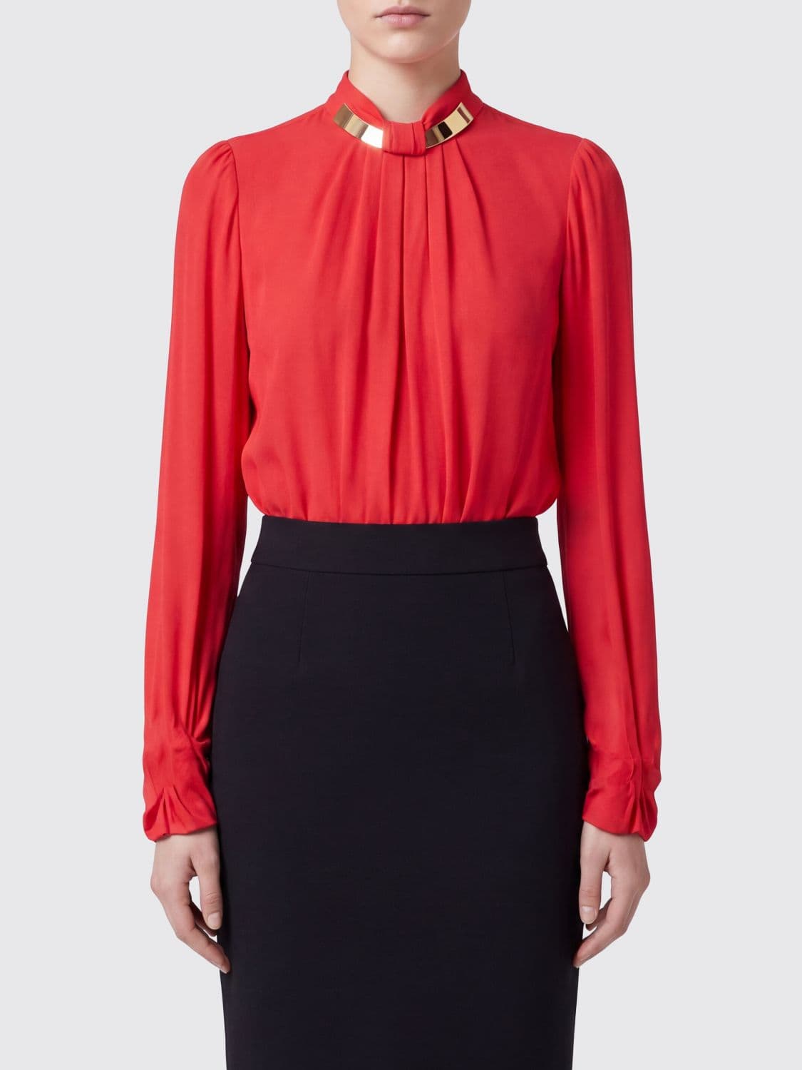 Elisabetta Franchi Long-Sleeved Georgette Blouse with Jewel Neck