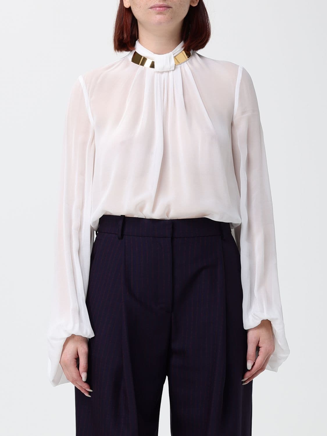 Elisabetta Franchi Long-Sleeved Georgette Blouse with Jewel Neck