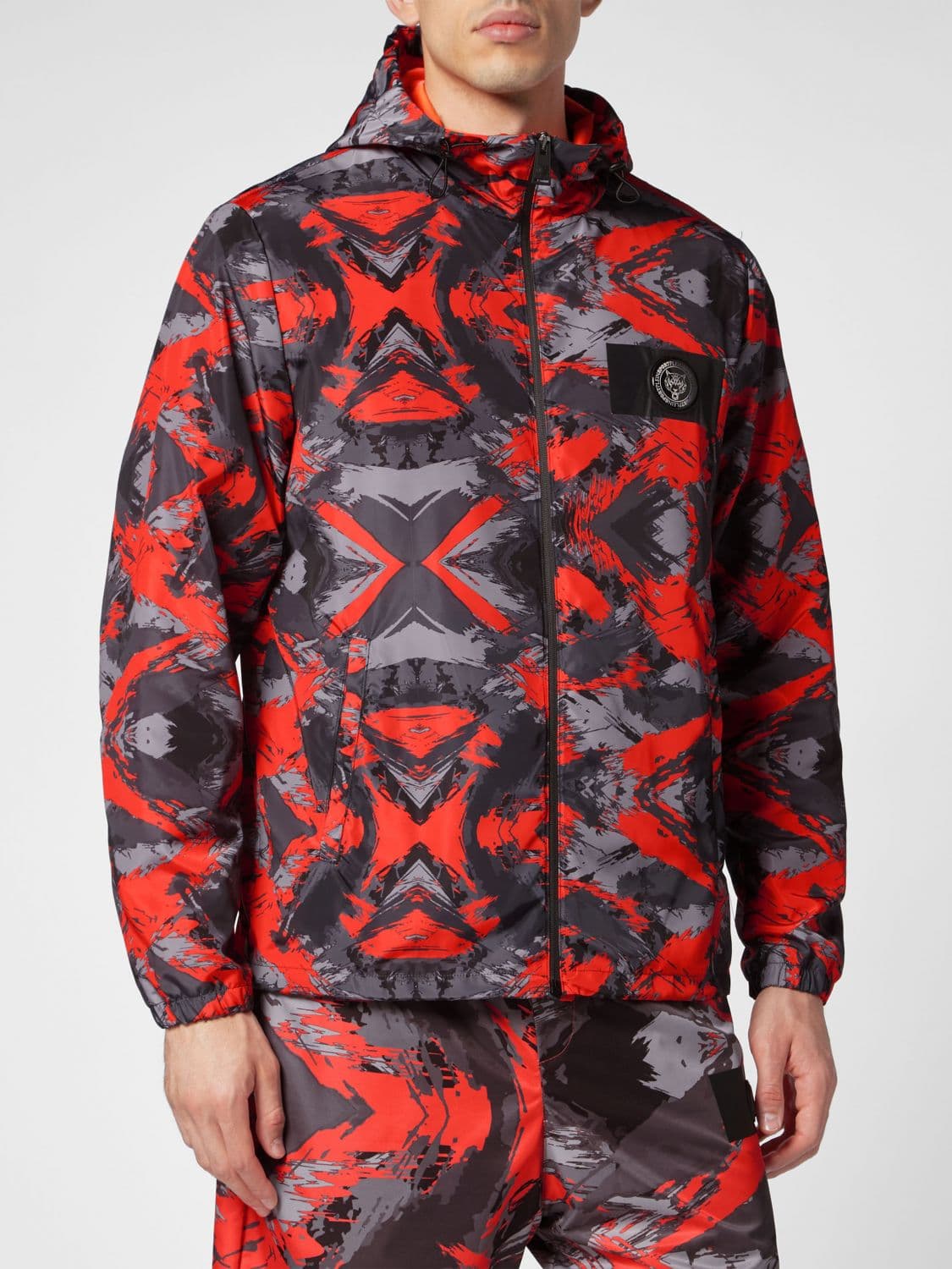 Plein Sport Polyester Windbreaker Jacket with Hood and Logo Print
