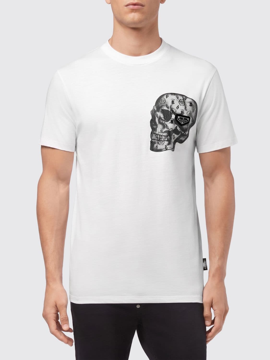 Philipp Plein Slim Fit Cotton T-shirt with Monogram Skull Embroidery and Hexagon Logo