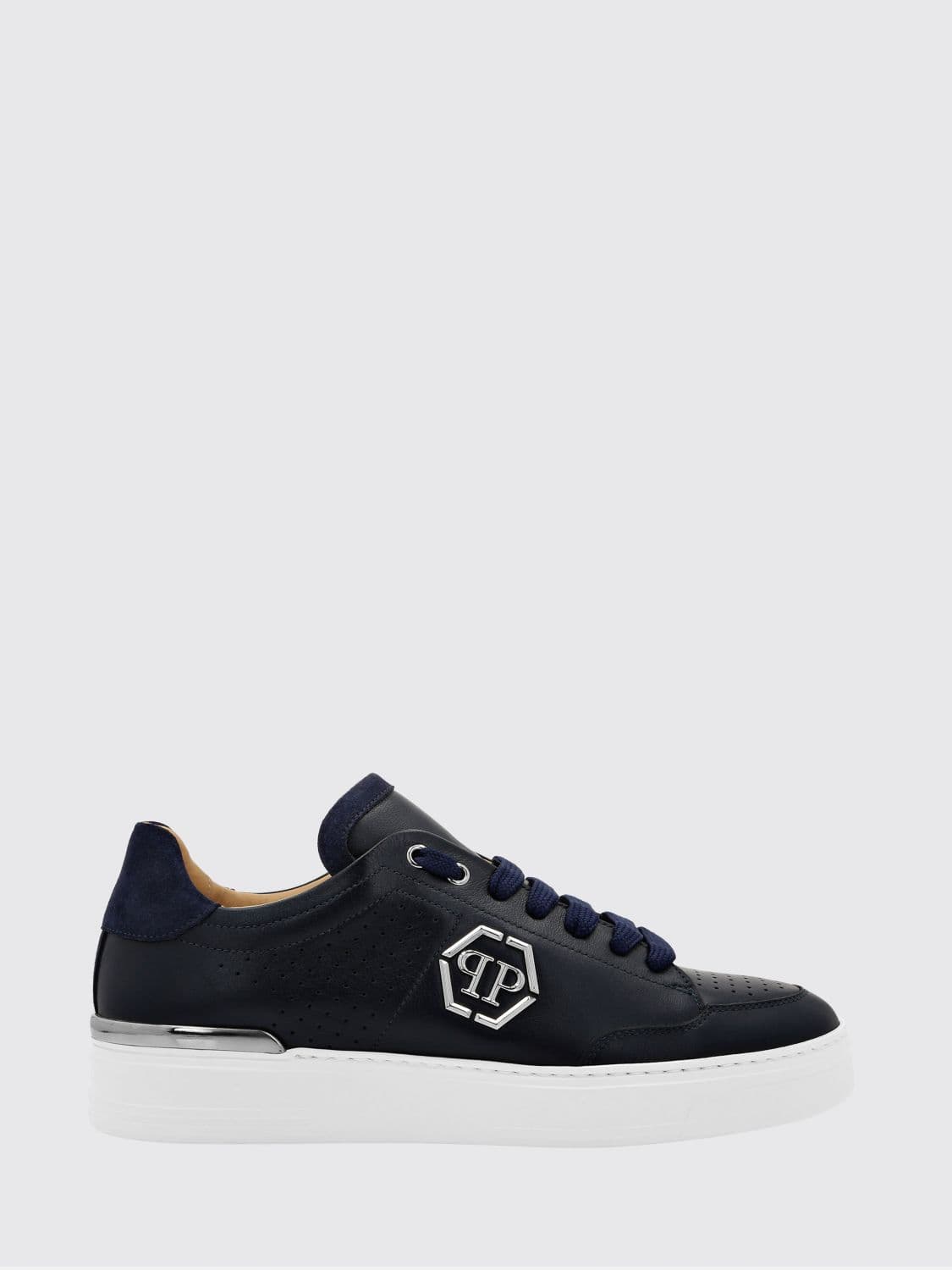 Philipp Plein Leather Low-Top Sneakers with Monogram Pattern and Applied Hexagon Logo