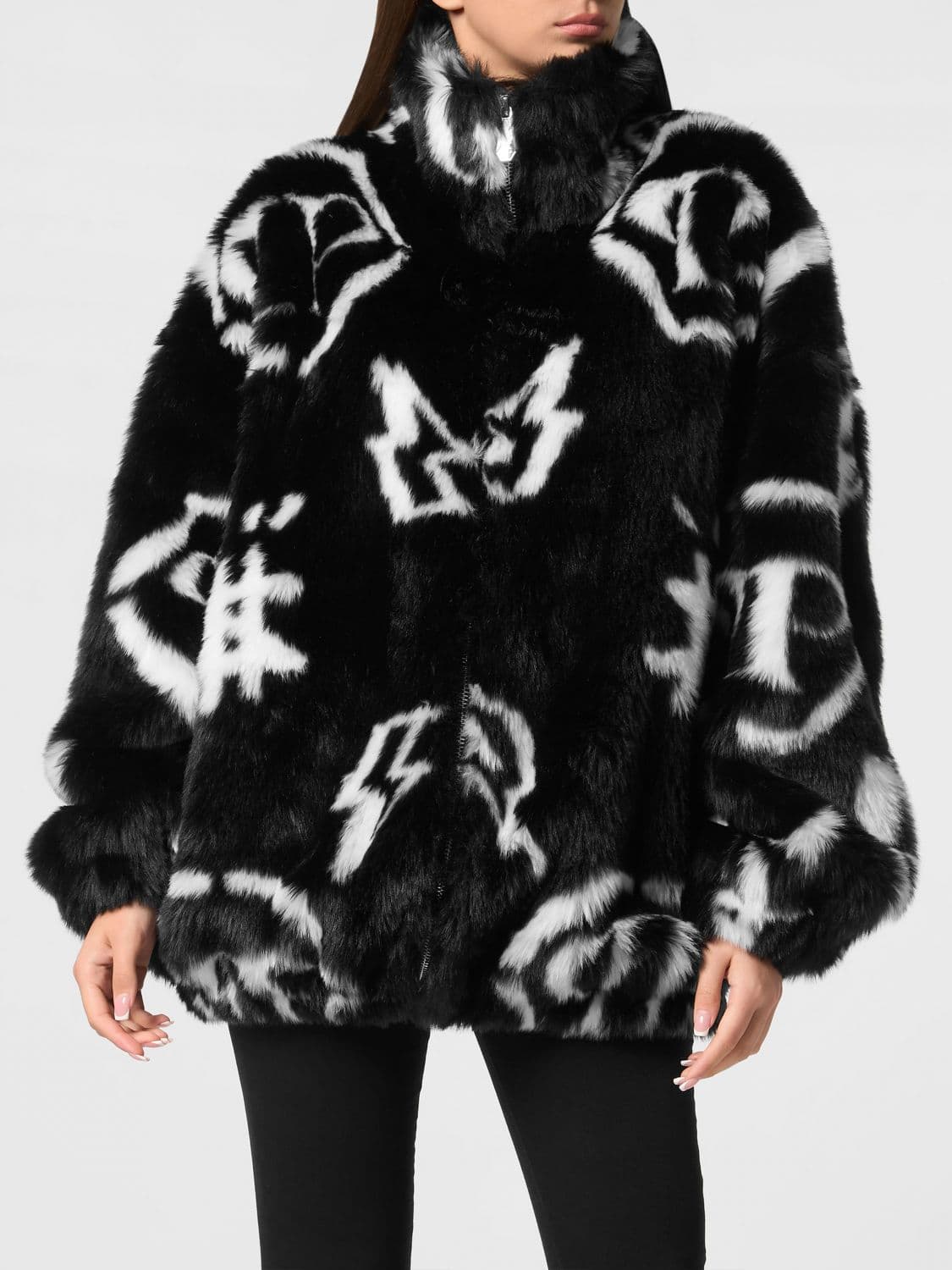 Philipp Plein Graphic Print Cropped Faux Fur Jacket with High Neck