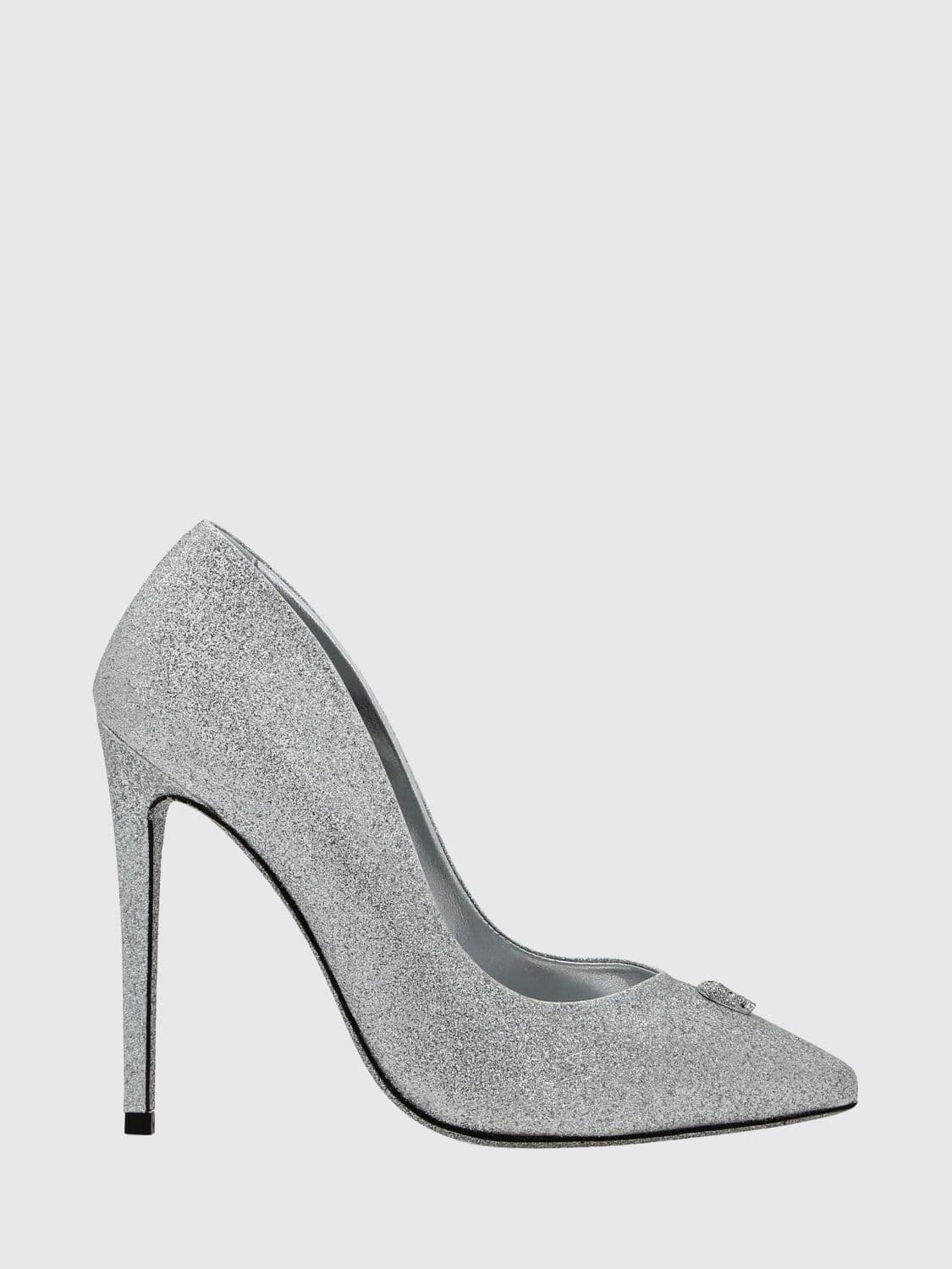 Philipp Plein Glitter Leather Pumps with Skull Application and High Heel