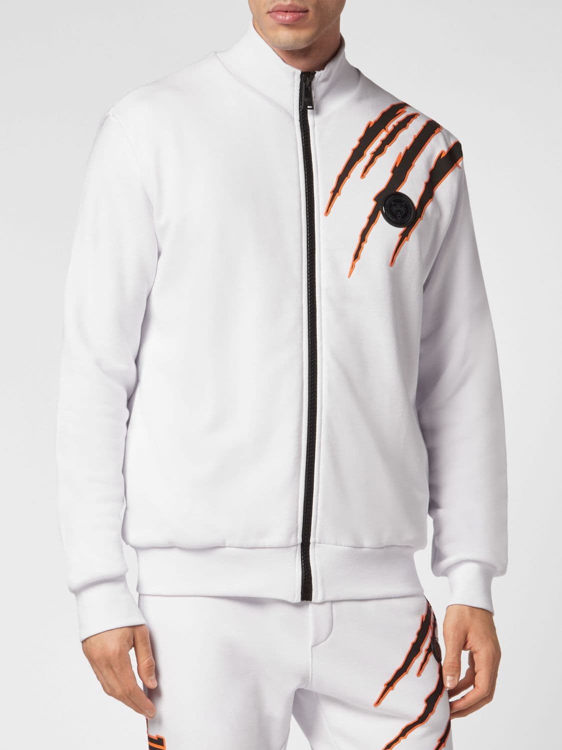 Plein Sport High Neck Cotton Zip-Up Sweatshirt with Graphic Print